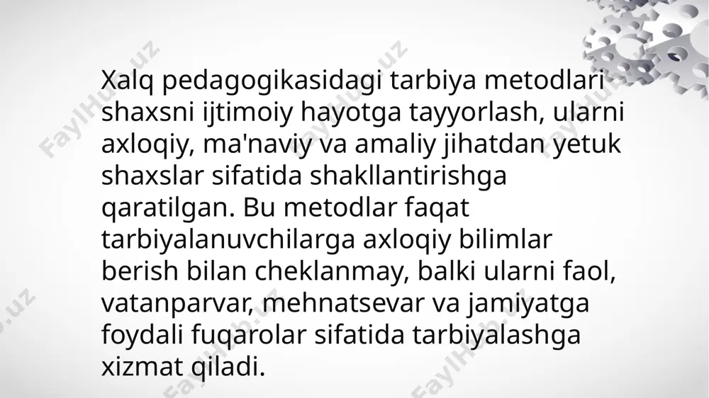 lari: milliy an'analar va qadriyatlar tarbiyaning tabiiy shakllari mehnat va oilaviy tarbiya axloqiy va ma'naviy tarbiya xalq pedagogikasining ko‘p shaklliligi o‘rnak olish (namuna ko‘rsatish milliy an'analar va qadriyatlar: xalq pedagogikasi, asosan, xalqning o‘ziga xos milliy an'analari, urf-odatlari va qadriyatlariga asoslanadi. har bir millatning tarbiya tizimi o‘zining milliy va madaniy xususiyatlariga mos ravishda shakllanadi. tarbiyaning tabiiy shakllari: xalq pedagogikasida tarbiya tabiiy ravishda, kundalik hayotda amalga oshadi. xalq o‘zining tarbiya metodlarini ko‘pincha bevosita amaliyotga asoslangan holda — o‘yinlar, mehnat, an'anaviy marosimlar orqali bolalarga o‘rgatadi. mehnat va oilaviy tarbiya: xalq pedagogikasida mehnat va oilaviy tarbiya juda katta o‘rin tutadi. ota-onalar, bobolar, buvilar bolalarga hayotiy tajriba va mehnatni qadrlashni, oilaning ahamiyatini o‘rgatishadi. axloqiy va ma'naviy tarbiya: xalq pedagogikasining asosiy maqsadi — bolalarda yaxshi axloqiy va ma'naviy fazilatlarni rivojlantirish, ularga o‘z ota-onalari, o‘z yurtiga nisbatan mehr va hurmatni o‘rgatishdir. xalq pedagogikasining ko‘p shaklliligi: bu tizimda tarbiya usullari ko‘plab shakllarda bo‘ladi. xalq o‘z tajribasini hikmatlar, maqollar, …
