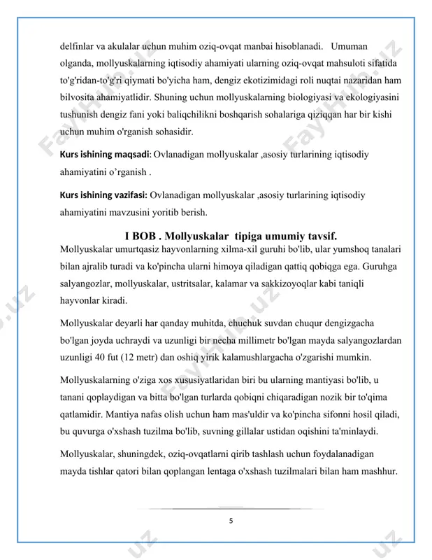 a. bu substratga maxkam yopishish uchun hizmat qiladi. hozirgi paytda 800 ta turi uchraydi. ichki organlari tuzilishi tipik mollyuskalarga xos. xitonlarni ko’pchilgi toshlarga yopishgan holda yashaydi, suv o’tlari va boshqa organizmlar bilan oziqlanadi. 3-rasm.xitonlarni korinishi monoplakoforalar -tipik mollyuskalar bo’lib mayda, dengiz yassi mollyuskalaridir. chig‘anog‘i yassi shaklda. kattaligi 3 mm dan 3 sm gacha boradi. o’tmishdan yaqin vaqtgacha ularning kelib chiqishi kembriy davri yotqiziqlardan topilgan qoldiqlaridan malum edi va 1952 –yilgacha bu takson qirilib ketgan deb hisoblanar edi. o’shanda tinch okeanining kosta – rika qirg’oqlaridan okean qa’ridan olingan geonamunalardan 10 ekzemplyar tirik monoplankoformalar topilgan. shundan buyon ularning 20 turi qayd qilingan. detridlar va mikroorganizmlar bilan oziqlanadi. suv tubida 300-7000 m chuqurlikgacha qattiq substratda yopishgan holda yashaydi. biologiyasi yaxshi o‘rganilmagan. 4-rasm. monoplakoforalarumumiy korinishi 1.2 qorinoyoqlilar sinfi qorin oyoqli mollyuskalar soni har xil manbalarda 40 000 dan 100 000 tagacha turi borligi qayd etilgan. aslida ishonchli tarzda qayd etilgan turlar soni 60 000 …