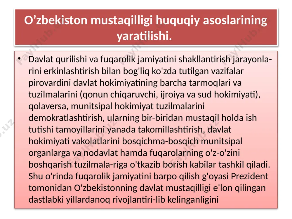 qtayi nazardan qaraganda mus­taqillik yillarida davlatimiz, jamiyatimiz erishgan buyuk yutuq -o'zbekiston respublikasi konstitutsiyasi bo'ldi. prezident i. karimov raisligida 64 kishidan iborat konstitutsiya komissiyasini tuzish to'g'risida qaror qabul qildi. uning tarkibiga deputatlar, qoraqalpog'iston respublikasi va viloyatlarning vakillari, davlat hamda jamoat tashkilotlarining, kor-xonalar, xo'jaliklarning rahbarlari, taniqli huquqshunoslar, olimlar va mutaxassislar kirdi. oliy kengashning o'ninchi sessiyasida ko-missiya tarkibi qisman yangilandi. konstitutsiyaviy komissiya raisi ishchi guruh oldiga quyidagi vazifalarni qo'ydi: - konstitutsiyaviy rivojlanishning jahon tajribasi o'rganib chiqilsin; boshqa mamlakatlarning inson huquqlari borasida, demokrati­ya va qonunchilik sohasida qo'lga kiritgan yutuqlari hisobga olinsin; keng xalq ommasi diliga yaqin va tushunarli bo'lgan siyosiy-yuridik hujjatlar yaratilsin. yangi konstitutsiya qabul qilinishi. 1992-yil bahorida loyihaning 149-moddadan iborat ikkinchi va­rianti ishlab chiqildi. mamlakat prezidenti ishtirokida konstitutsiya­viy komissiyaning navbatdagi majlisi bo'lib o'tdi. o'zbekiston respublikasi konstitutsiyasining loyihasi puxta ish-lovlardan so'ng konstitutsiyaviy komissiya qarori bilan 1992-yil 26-sentabrda umumxalq muhokamasi uchun matbuotda e'lon qilindi 1992-yil 8-dekabrda xii chaqiriq o'zbekiston respublikasi oliy kengashining xi sessiyasi bo'ldi. …