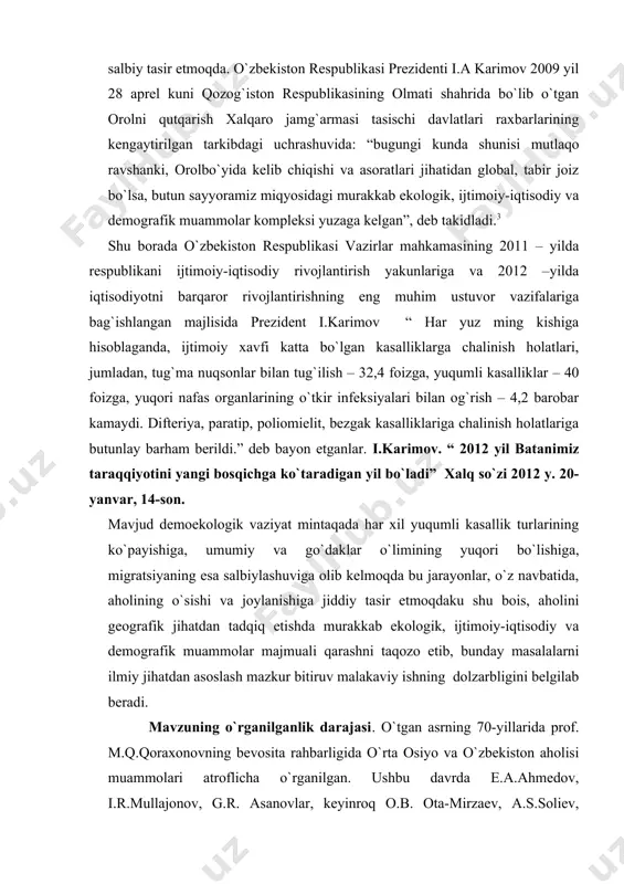 653 -2789 2006 й 1108 -2623 лист2 лист3 mundarija kirish i.bob. qashqadaryo viloyatning tabiiy geografik xususiyatlari 1.1. qashqadaryo viloyatning geografik o`rni. chegaralari va maydoni 1.2. hudud tabiiy xususiyatlarining geografik jihatlari 1.3. qashqadaryo viloyatning tabiiy resurslariga iqtisodiy - geografik tavsif. ii.bob. qashqadaryo viloyatining demografik hususiyatlariga ekologik sharoitning ta`siri 2.1. qashqadaryo viloyati aholisining o`sishi va joylanishi 2.2. qashqadaryo viloyati mehnat resurslari 2.3. qashqadaryo viloyati aholisining demografik hususiyatlari 2.4. qashqadaryo viloyatining demografik hususiyatlariga ekologik sharoitning ta`siri xulosa foydalanilgan adabiyotlar ro`yxati ilovalar kirish mavzuning dolzarbligi. ma`lumki, dunyo ahamiyatiga molik tabiiy-iqlim tasnifidagi muammolar ijtimoiy-iqtisodiy va siyosiy ahamiyatga ega bо`lgan muammolarga qaraganda juda qiyinchilik bilan hal etiladi. bozor munosabatlari sharoitida yangicha ijtimoiy-iqtisodiy muhitning shakllanishi, aholi soni, hududiy tarkibi bilan bog`liq chuqur nazariy va amaliy tadqiqotlar olib borishni taqozo etadi. bu borada o`zbekiston respublikasi prezidenti i.a karimov hozirgi kunda sodir bo`layotgan jahon moliyaviy-iqtisodiy inqirozi va uni o`zbekiston sharoitida bartaraf etish yuzasidan amalga oshirilishi zarur bo`lgan eng ustuvor …