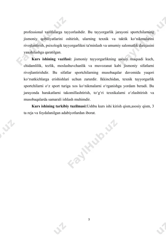 ladi. umumiy jismoniy tayyorgarlik bolalarning jismoniy sifatlarini, masalan, kuch, chidamlilik, tezlik, moslashuvchanlik va muvozanatni oshirishga qaratilgan. ushbu yo‘nalish orqali bolalar nafaqat jismoniy rivojlanadi, balki ruhiy salomatliklarini ham yaxshilaydilar. [2: ustojev, e. (2020). sport texnikasi va taktikasi. qarshi: qarshi davlat universiteti. ] maxsus jismoniy tayyorgarlik sportning ma'lum bir turiga qaratilgan. bu yo‘nalish muayyan sport faoliyatini amalga oshirish uchun zarur bo‘lgan jismoniy qobiliyatlarni rivojlantirishga qaratilgan. masalan, futbolchilar uchun tezlik va chidamlilikni oshirish, suzuvchilar uchun esa suvda harakat qilish ko‘nikmalarini rivojlantirish zarur. maxsus jismoniy tayyorgarlik sportchilarni musobaqalarga tayyorlashda muhim ahamiyatga ega. ushbu yo‘nalish sportchining o‘ziga xos ehtiyojlariga va maqsadlariga mos keladigan mashqlarni o‘z ichiga oladi. sport tayyorgarligi jismoniy tayyorgarlikning muhim qismidir va sportchilarni raqobatbardosh darajada tayyorlashga qaratilgan. bu yo‘nalishda sportchilarni o‘qitish va tayyorlash jarayonlari, musobaqalarga tayyorgarlik, jismoniy sifatlar va ruhiy holatni yaxshilashga qaratilgan. sport tayyorgarligi sportchilarni o‘zlarining qobiliyatlarini to‘g‘ri baholash, maqsadlar belgilash va ularga erishish uchun zarur bo‘lgan ko‘nikmalarni rivojlantirishga yordam beradi. bu …