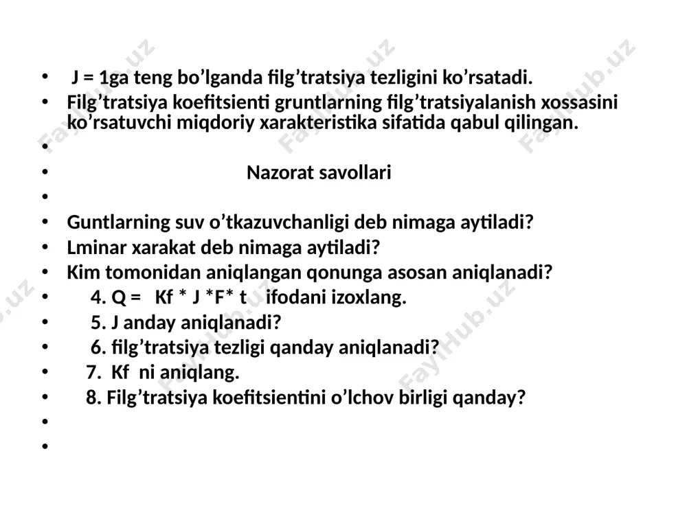 bag’irliklardagi, grunt massivlarini surilish xodisalarini oldini olish, ochiq va yo’iq (drenajlarga) zak suvlari tizimlariga, suvni sizib chiqishi, suv xovzalarini dambalaridan, kanallarni qirg’oklari turg’unligini va boshqa joylariga suvni sizib o’tishidan xosil bo’ladigan surilishlarni xisoblashlarni imkonini beradi. vazifasi: zamin gruntlarini suv sizuvchanligini, darsi qonunini laboratoriya sharoitida bajarilishini undagi talablarni, sizuvchanlikni aniqlashda ishlaydigan asbob -uskunalarni ishlatish texnologiyalarini o’rgatishdir. zaruriy asbob-uskunalar va materiallar. 1. grunt 2. asboblar kf-00 3. sekundomer 4. suv 5. xisoblash texnikasi 6. chizgichlar. 7. kmk jadvallari, gost va standartlar. rasm 14.1 kf-00 asbobi: 1- o’lchovli suv baloncha; 2 – mufta; 3 – latun turi; 4 - filg’trlash trubkasi; 5 – tayanch taglik; 6 – stakan; 7 – grunt namunasi; 8 – filg’tratsiya trubkachalarini tik yo’nalish bo’yicha ko’zg’atuvchi vint; 9 – na’orli grudientni (qiyalikka) shkalasi. nazorat savollari guntlarning suv o’tkazuvchanligi deb nimaga aytiladi? lminar xarakat deb nimaga aytiladi? kim tomonidan aniqlangan qonunga asosan aniqlanadi? 4. q = kf * j *f* …
