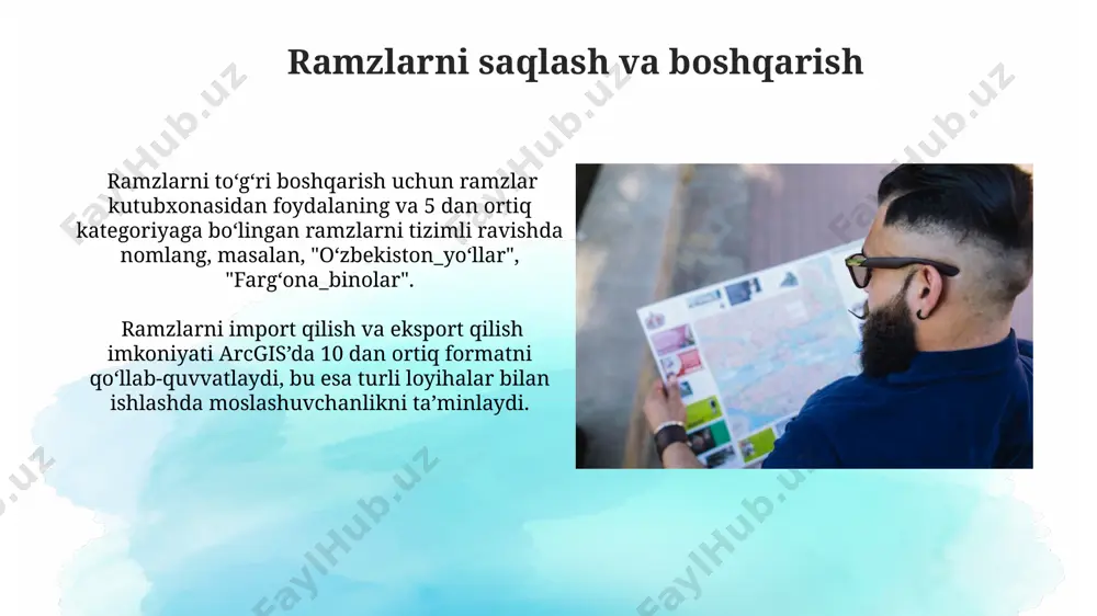 yangi ramzni yaratishda, masalan, toshkent shahri xaritasida 5 turdagi binolar uchun 5 ta noyob ramz (ikonka)ni belgilash va ularning har biriga tegishli atributlarni (masalan, balandligi, yili) qo'shish mumkin. e'tiboringiz uchun rahmat @taqdimot_robot image2.jpg image3.jpg image4.jpg image5.jpg image6.jpg image7.jpg image8.jpg image9.jpg image10.jpg image11.jpg image12.jpg image13.jpg image14.jpg image1.png