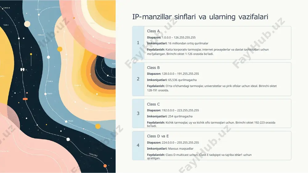 illar serverlar va muhim qurilmalar uchun qo'lda tayinlanadi. dinamik ip manzillar esa dhcp (dynamic host configuration protocol) protokoli yordamida avtomatik tarzda taqsimlanadi. bu jarayon foydalanuvchilar uchun qulay va ma'murlar uchun samarali hisoblanadi. dhcp server quyidagi ma'lumotlarni avtomatik ravishda tarqatadi: ip manzil va subnet mask gateway manzili dns server manzillari lease vaqti monitoring va diagnostika tarmoq monitoring vositalari yordamida traffic, qurilmalar holati va ishlash ko'rsatkichlarini kuzatish. snmp, syslog va boshqa protokollar orqali real vaqtda ma'lumot olish va muammolarni tez aniqlash imkoniyati. xavfsizlik choralari vpn (virtual private network) orqali xavfsiz masofaviy ulanish, firewall qoidalarini sozlash, kirish nazorati (access control lists) va ips/ids tizimlarini joriy etish orqali tarmoqni himoya qilish. optimallashtirish tarmoqni kengaytirish va optimallashtirish strategiyalari: load balancing, qos (quality of service) sozlamalari, bandwidth boshqaruvi va redundancy ta'minlash orqali yuqori mavjudlikni kafolatlash. real hayotdan misol: kichik ofis tarmog'i loyihasi 01 loyiha talablari 50 ta ishchi stoli uchun class c manzillash (192.168.10.0/24) tanlandi. bu …