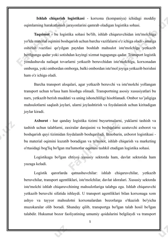 adi. u o’z ichiga moddiy-texnik bazani va infratuzilmani qamrab oladi. moddiy-texnik baza yordamida yuklar bir joydan ikkinchi joyga ko’chirilsa, infratuzilma shu moddiy texnik bazani vazifalarini ta’minlaydi. d) axborot-logistik tizimni boshqa unsurlari ichida axborot aloqasini ta’minlaydigan quyi tizim. bundan tashqari axborot logistik jarayonlarni nazorat qilib turadigan quyi tizim bo’lib hisoblanadi. xodimlar-logistik jarayonlarni bajarish bilan band bo’lgan ishchilar. sotuv-material oqimni logistik tizimdan chiqishini ta’minlaydigan quyi tizim. 2- xususiyat: logistik tizim unsurlari ichida logistik tizimini integrativ sifatini belgilovchi aniq aloqalar mavjud. 3- xususiyat: logistik unsurlari o’rtasidagi aloqalar tartibga solingan. 4- xususiyat: logistik tizim shunday xususiyatlarga egaki, uning bironta quyi tizimida bu xususiyatlar mavjud emas. bu-kerakli tovarni, o’z vaqtida, kerakli sifat va minimal xarajatlar bilan aynan kerak bo’lgan joyga yetkazish va tashqi muhitni o’zgarishlariga moslashish (ba’zi tovar va xizmatlarga talabni o’zgarishi, asbob-uskunalarni bevaqt buzilishi). logistik tizimining integrativ xususiyati unga o’z maqsadga erishish uchun, xom ashyo materiallarini xarid qilib, ularni o’z ishlab chiqarish quvvatlardan foydalangan …