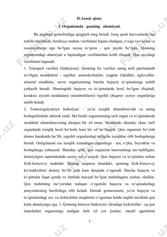 himoya qiladilar. qonning yana uvish xossasi ham bo‘lib u ham himoya vazifasini bajaradi. 4. qonning ayiruv funksiyasi. moddalar almashinuvini oraliq, qoldiq mahsulotlarini, turli xil bo‘yoqlari, zaharlarni ayiruv organlariga tashib yetkazib berib, ulardan organizmni tozalaydi. 5. qonning korellyativ funksiyasi. turli ichki endokrin bezlaridan va to‘qimalardan chiquvchi gormonlar va fiziologik faol moddalar (mediatorlar) qon orqali turli funksiyalarni boshqarishda ishtirok etadi. bu funksiyalar qon tomirlarida harakat qilib turganida ijro etiladi. qonda uning suyuq qismi -plazmasidan tashqari uch xil shaklli elementlar, ya’ni hujayralar, eritrotsitlar - qizil qon hujayralari. icykotsitlar - oq qon hujayralari. trombotsitlar - qon plastinkachalari ham mavjud. bu hujayralarning har qaysisi o‘ziga xos tuzilgan bo‘iib, bir qator xossa va xususiyatlarga ega, ularning organizmda bajaradigan vazifalari ham turlicha. turli organizmlarda qonning miqdori, tarkibi va umumiy xususiyatlari. qon-tiniq bo‘lmagan qizil rangdagi sho‘rtak tapmli yo‘ishqoq suyuqlik, bo‘lib ikki qismdan: plazma va shaklli elementlar eritrositlar. leykositlar va trombositlardan iboratdir. qonning miqdori va tarkibi tinimsiz o‘zgarib tursada, …