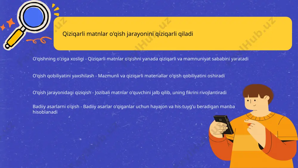 sosiy vazifasi ilmiy ma'lumotlarni to'plash va tahlil qilishdan iboratdir innovatsion g'oyalar - ushbu matnlar yangi fikrlarni va innovatsion g'oyalarni ishlab chiqishda yordam beradi, bu esa ilm-fanning rivojiga xizmat qiladi 10 o'quv matnlari ta'lim jarayonida muhim ahamiyatga ega o'quv matnlarining roli - o'quv matnlari ta'lim jarayonida bilimlarni taqdim etishda muhim vosita hisoblanadi davomiy davlatlar - matnlar ta'lim jarayonini mustahkamlash va o'quvchilarni qiziqtirishga yordam beradi muammolarni yechish - o'quv matnlaridan foydalanish o'quvchilarning fikrlash qobiliyatini rivojlantiradi tajriba almashish - o'rganilgan bilimlarni amaliyotda qo'llash orqali o'quvchilarning tajribasini oshiradi 11 rejalashtirish matnlari maqsadlarni belgilashda yordam beradi rejalashtirish asoslari maqsadlarni belgilash ishonchli strategiyalar 12 qisqa matnlar tez va samarali ma'lumot yetkazadi qisqa axborotning afzalliklari - qisqa matnlar ma'lumotni tezda yetkazishga imkon yaratadi bu esa o'qiydigan insonning vaqtini tejaydi o'qish qulayligi - tez va to'g'ri ma'lumot olish imkoniyati qisqa matnlarni o'qishni osonlashtiradi bu esa o'quvchilarning diqqatini ushlab turadi taraqqiyot jarayoni - qisqa matnlar tezkor ma'lumotlarni aniq berishi …