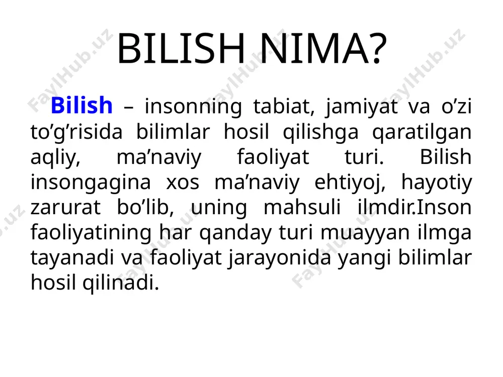 ini in’ikos ettira olmasligidir. umuman olganda, insonning hissiy bilish shakllari ma'lum darajada cheklangan, bir tomonlama, to'liq bo'lmagan bilishdir. yuqori darajasi : aqliy bilish bilishning aqliy bosqichi faqatgina insonlarga xos bo’lib, uni ratsional bilish ham deyiladi. ratsional bilish – bu hissiy bilishdan hosil bo’lgan bilimlarning mohiyatini tafakkur yordamida anglashdir. mohiyat hamisha yashirindir, u doimo hodisa sifatida namoyon bo’ladi. * билим шакллари ижтимоий билим ўйин воситасидаги билим диний билим фалсафий билим мифологик билим илмий билим кундалик билим бадиий билим шахсий билим * кундалик билим – бу ҳар хил фаолият шакллари – жумладан ишлаб чиқариш фаолияти, эстетик фаолият, сиёсий фаолият ва ҳоказоларнинг таъсирида шаклланадиган турмуш билан боғлиқ тушунчалар мажмуи авлодлар тўплаган жамоа коллектив тажрибаси маҳсули ҳисобланади. * ўйин воситасидаги билим нафақат болалар, балки катталар фаолиятининг ҳам муҳим унсури ҳисобланади. ўйин жараёнида шахс қизғин билиш фаолиятини амалга оширади, билимларнинг катта ҳажмини ўзлаштиради, маданий бойлик – ишга доир ўйинлар, спорт ўйинлари, актёрларнинг ўйинлари ва шу …