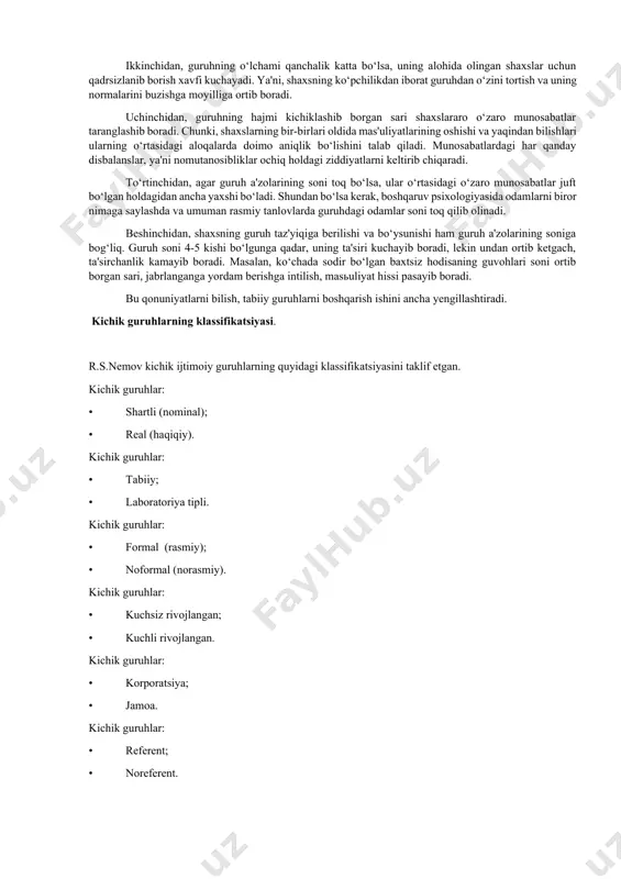 t, sinfga mansubligidan singdirilgan psixologik tizimlar ham mavjuddir va uni ilmiy tadqiqotchi inkor etmasligi kerak etnik guruhlar psixologiyasi ijtimoiy psixologiyada katta guruhlar ichida etnik guruhlar psixologiyasi, ya'ni etnopsixologiya bo‘yicha ko‘proq tadqiqotlar o‘tkazildi. ayniqsa, hozirgi davrda har bir jumhuriyatlar alohida, mustaqil davlat mavqeini olgan, lekin boshqa tomondan qaraganda, hamdo‘stlik mamlakatlari ittifoqi sharoitida millatlar o‘rtasida muttasil aloqalar mavjudligidan kelib chiqib, milliy psixologiya masalalari kun tartibida avvalgidan ham muhim masala sifatida qo‘yilmoqda. shuning uchun ham katta guruhlar ichida milliy guruhlarga ko‘proq e'tibor berishni lozim topdik. bunday e'tiborning yana bir boisi — o‘zbekistonda bu sohada ayrim tadqiqotlarning o‘tkazilganligi, lekin ular ko‘p hollarda milliy psixologiya darajasiga olib chiqilmaganligidandir. etnopsixologiya — bu psixologiyaning shunday tarmog‘iki, u ayrim olingan millatlar psixologiyasidan tashqari, turli xalqlar psixologiyasini, kichik milliy guruhlarni ham o‘rganadi. ma'lumki, bu boradagi birinchi ilmiy tadqiqotlar v. vundt tomonidan olib borilgan edi. uning tadqiqotlaridagi ''xalq" tushunchasi aslida etnik uyushma ma'nosida tushuntirilgan edi. uning fikricha, etnik guruhlar psixologiyasini …