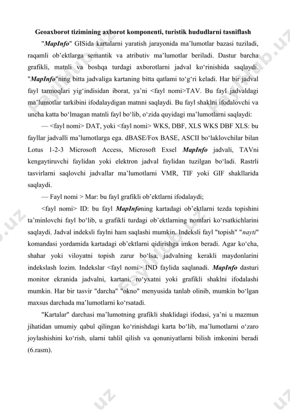 rchada ma’lumotlarni ko‘rsatadi. "kartalar" darchasi ma’lumotning grafikli shaklidagi ifodasi, ya’ni u mazmun jihatidan umumiy qabul qilingan ko‘rinishdagi karta bo‘lib, ma’lumotlarni o‘zaro joylashishini ko‘rish, ularni tahlil qilish va qonuniyatlarni bilish imkonini beradi (6.rasm). 6-rasm. mapinfo dasturida "karta" darchasi kartalar darchasida jadvalga tegishli geografik ob’ektlar ko‘rsatiladi. bu darcha birdaniga bir nechta jadvalli axborotlarni saqlashi va har bir jadval alohida qatlam bo‘lib ko‘rinishi mumkin. 7-rasm mapinfo da "ro‘yhat" va "karta" darchalari "ro‘yhat" ―spisokǁ darchasida ma’lumotlar bazasidan olingan jadval shakldagi yozuvlar keltiriladi, u odatdagi amallarni bajarish imkonini beruvchi elektron darcha hisoblanadi (7-rasm). "ro‘yhat" darchalarida ma’lumotlarni odatdagi qator va ustunlar shaklida ko‘rish va ularga ishlov berish mumkin. har bir ustun ma’lum bir turdagi axborotlarga (masalan, maydonlar, familiyalar, manzillar, telefon raqamlari yoki boshqalar) ega. "ro‘yhatlarǁ darchasidagi yozuvlarni o‘zgartirish, o‘chirish, qo‘shish va ulardan nusxa ko‘chirish mumkin. eslatma: "ro‘yxatlar" "spisok" va "karta" “kartы" darchalari o‘zaro bog‘liq: kartadagi vektorga “ro‘yxat” "spisok" qatorining bittasi mos keladi. agar yozuv o‘chirilsa kartada …