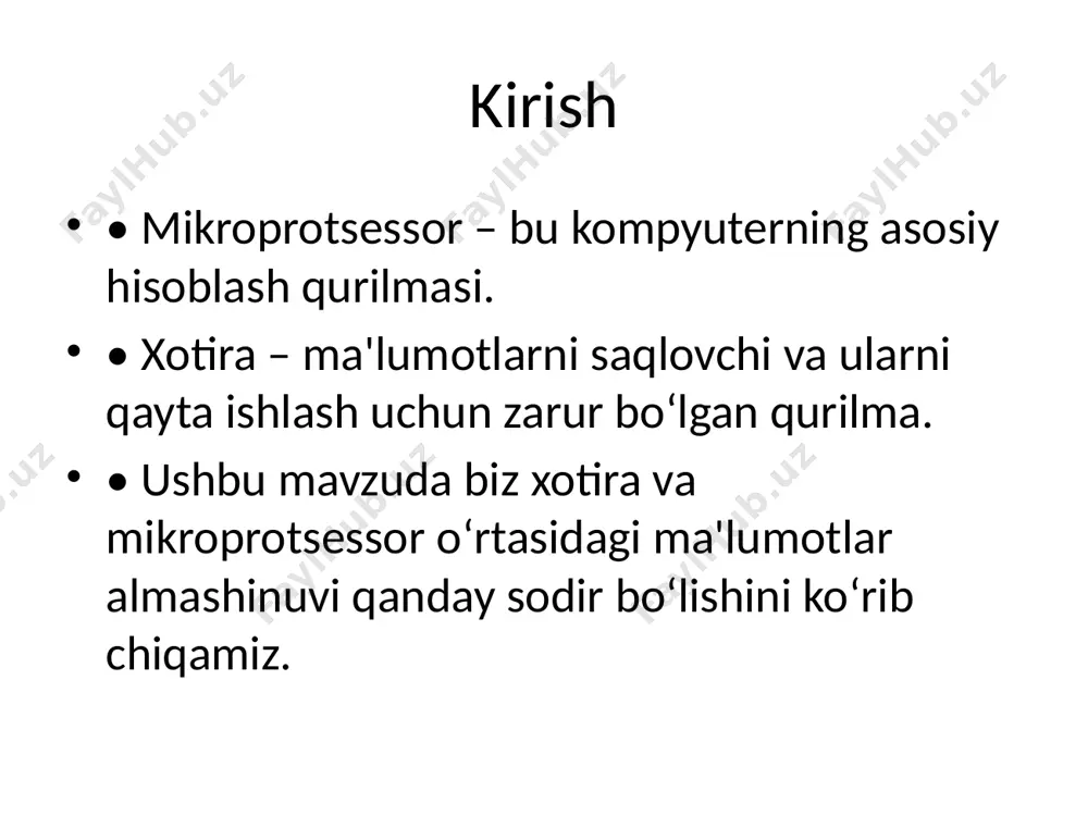 oladi (masalan, 10101010) xulosa • mikroprotsessor va xotira o‘rtasidagi aloqalar muhim tizimli rol o‘ynaydi. • shinalar orqali ma'lumotlar tez, sinxron va samarali almashiladi. • mikroprotsessorning ishlashi xotira bilan qanday ishlashiga bog‘liq. /docprops/thumbnail.jpeg