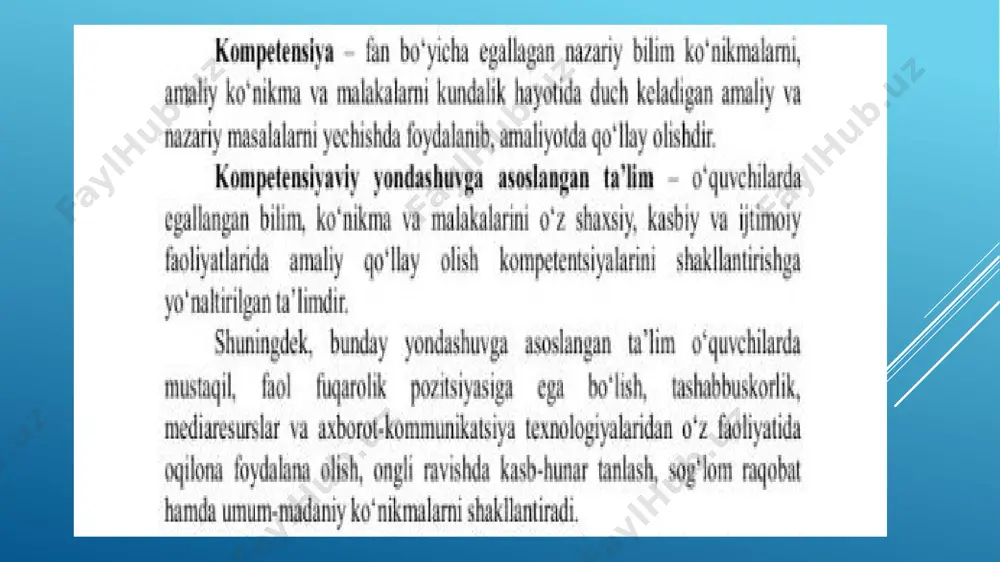 tli faoliyatda inson omili; samarali ishlab chiqarish faoliyati mezonlari; ijodkorlik; aniq tashkilotlarda ishlab chiqarish vazifalari. kompetentlik tushunchasi taʼlim sohasiga psixologik izlanishlar natijasida kirib kelgan. shu sababli kompetentlik “noanʼanaviy vaziyatlar, kutilmagan hollarda mutaxassisning o‘zini qanday tutishi, muloqotga kirishishi, raqiblar bilan o‘zaro munosabatlarda yangi yo‘l tutishi, noaniq vazifalarni bajarishda, ziddiyatlarga to‘la maʼlumotlardan foydalanishda, izchil rivojlanib boruvchi va murakkab jarayonlarda harakatlanish rejasiga egalik”ni anglatadi[5;142-b.] kasbiy kompetentlik mutaxassis tomonidan alohida bilim, malakalarning egallanishini emas, balki har bir mustaqil yo‘nalish bo‘yicha integrativ bilimlar va harakatlarning o‘zlashtirilishini nazarda tutadi. shuningdek, kompetentsiya mutaxassislik bilimlarini doimo boyitib borishni, yangi axborotlarni o‘rganishni, muhim ijtimoiy talablarni anglay olishni, yangi maʼlumotlarni izlab topish, ularni qayta ishlash va o‘z faoliyatida qo‘llay bilishni taqozo etadi. kasbiy kompetentlik negizida aks etuvchi sifatlarning mohiyati quyidagicha yoritiladi: ijtimoiy kompetentlik – ijtimoiy munosabatlarda faollik ko‘rsatish ko‘nikma, malakalariga egalik, kasbiy faoliyatda subʼektlar bilan muloqotga kirisha olish. maxsus kompetentlik – kasbiy-pedagogik faoliyatni tashkil etishga tayyorlanish, kasbiy-pedagogik vazifalarni oqilona hal …