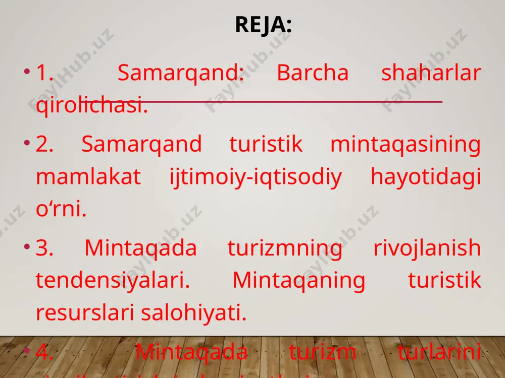 lit sayyohlik majmuasi (kompleksi) hisoblanadi. viloyatning tog’, tog’ oldi hududlarida mavjud bo’lgan beqiyos shifobaxsh, tibbiyot va boshqa sohalarda keng ko’lamda foydalanadigan chashma va buloq suvlari o’zining ekologik jihatdan tozaligi, xilma-xil kimyoviy elemerntlarga boyligi bilan alohida ajralib turadi. ular aholi sog’ligini tiklash, sog’lomlashtirish, dam olish uchun qo’lay imkoniyatlarni yaratadi va mintaqamizda rekreasiya (sog’lomlashtirish, hordiq chiqarish) turizmning ahamiyatini oshiradi. bunday tabiiy maskanlar viloyatimizning urgut, samarqand, nurobod, qo’shrobod va boshqa tumanlari tog’, toqoldi hududlarida tarqalgan bo’lib, ulardan turizm maqsadida foydalanish muhim ahamiyatga ega bo’ladi. 2. samarqand turistik mintaqasining mamlakat ijtimoiy-iqtisodiy hayotidagi o‘rni samarqand turistik mintaqasi o’zining go’zal tabiati, o’simlik va hayvonat dunyosi bilan ham mamlakatimizning boshqa mintaqalaridan alohida ajralib turadi. viloyatimizga tashrif buyuradigan sayyohlarni tarixiy arxitektura-qurilish inshoatlari, qadimiy obidalardan tashqari ming yillik tarixga ega bo’lgan chinorlar va boshqa yashil daraxtlar beqiyos ko’pdir. viloyatning tog’, tog’oldi hududida joylashgan omonqo’ton o’rmonzorlarida (maydoni 2188 ga) o’ziga xos tabiiy landshaft shakllari vujudga kelgan. omonqo’ton hududining iqlimi va …