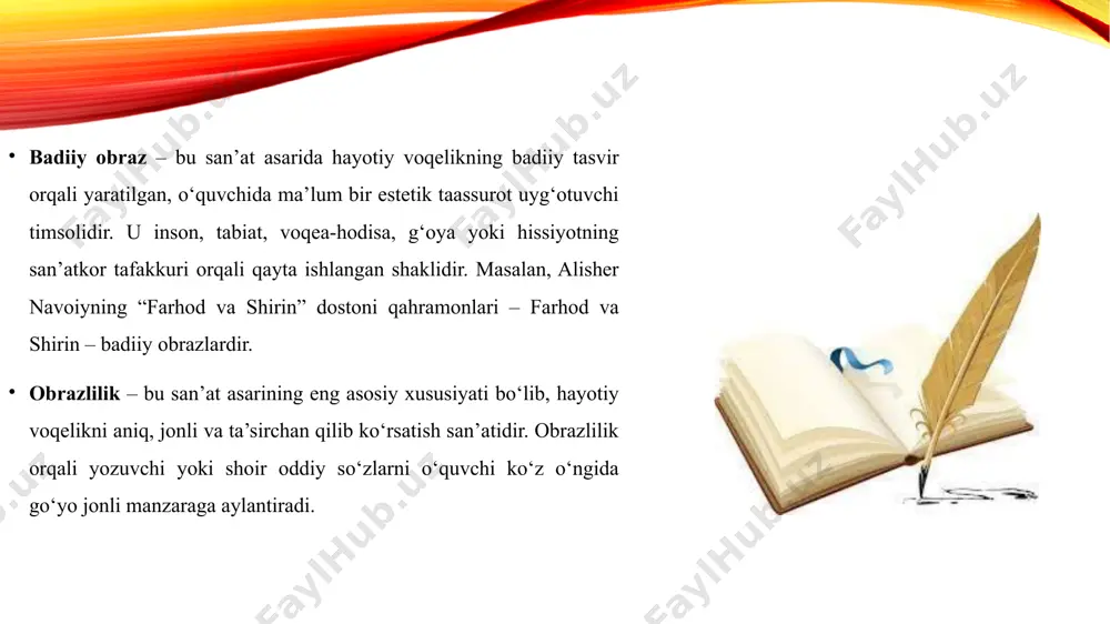 lash xususiyati bilan belgilanmaydi, balki badiiylik obrazning misli koʻrilmagan, yangi oʻylab chiqarilgan dunyo yarata olish imkoniyatida yuzaga chiqadi. obrazda obyektiv mavjud va muhim jihatlar bilan birga, boʻlishi mumkin boʻlgan, moʻljaldagi, xohishdagi, yaʼni turmushning emotsional-irodaviy tomonlariga munosabat, uning koʻrinmas, ichki imkoniyatlari bilan bogʻliq xususiyatlar ham muhrlangan boʻladi. shuningdek, badiiy obrazda xayolot, boʻyoq, tovush, soʻz va boshqalarni ijodiy ishlash yoʻli bilan sanʼat asari yaratiladi. obraz murakkab tuzilish va murakkab koʻrinishga ega; u borliq bilan ruhiy dunyoning bir-biriga oʻtishidagi barcha momentlarni oʻz ichiga oladi. badiiy obraz vositasida subyektivlik bilan obyektivlikning, yakka holat bilan umumiylikning, ideallik bilan reallikning oʻzaro muvofiq munosabatlari ijodiy ishlab chiqiladi. badiiy asar soʻz vositasida yuzaga chiqariladi. adabiy asarning materiali ashyoviy asosdan (boʻyoqlar, marmar, tosh va boshqalar) emas, balki belgilar tizimi, til, soʻz materialidan iborat boʻlgani uchun ham soʻz bilan ifodalangan obrazda koʻrgazmalilik tomoni plastik obrazga nisbatan kam aks etadi. shoir hatto konkret tasviriy soʻzlardan foydalanganda ham predmetning koʻzga koʻrinadigan qiyofasini …