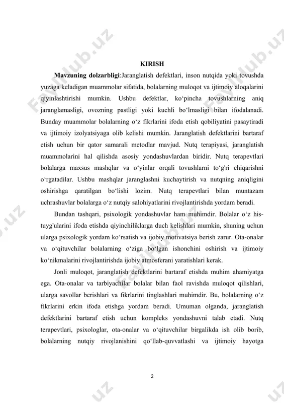 inglashlari muhimdir. bu, bolalarning o‘z fikrlarini erkin ifoda etishga yordam beradi. umuman olganda, jaranglatish defektlarini bartaraf etish uchun kompleks yondashuvni talab etadi. nutq terapevtlari, psixologlar, ota-onalar va o‘qituvchilar birgalikda ish olib borib, bolalarning nutqiy rivojlanishini qo‘llab-quvvatlashi va ijtimoiy hayotga muvaffaqiyatli integratsiyasini ta'minlashi lozim. bu jarayon, bolalar uchun muvaffaqiyatli kelajakni ta'minlashda muhim ahamiyatga ega. kurs ishining maqsadi: jaranglatish defektlari va ularni bartaraf etish metodlari bo‘yicha maqsad, bolalarning nutqiy rivojlanishini oshirish va muloqot qobiliyatlarini yaxshilashdan iborat. ushbu maqsad, bolalarning o‘z fikrlarini erkin ifoda etishlariga, ijtimoiy aloqalarda muvaffaqiyatli bo‘lishlariga va o‘ziga bo‘lgan ishonchlarini oshirishlariga yordam berishni ko‘zlaydi. jaranglatish defektlari ko‘pincha bolalarning o‘zaro muloqot qilish qobiliyatini pasaytiradi, shuning uchun ularga aniq va ravon nutqni o‘rgatish muhimdir. kurs ishining vaizfasi: jaranglatish defektlari va ularni bartaraf etish metodlari vazifasi, bolalarning nutqiy rivojlanishini qo‘llab-quvvatlash va muloqot qobiliyatlarini yaxshilashga qaratilgan. buning asosiy vazifalaridan biri — jaranglatish muammolarini erta aniqlash va ularga individual yondashuvni ta'minlashdir. bu jarayon, bolalarning nutqida …