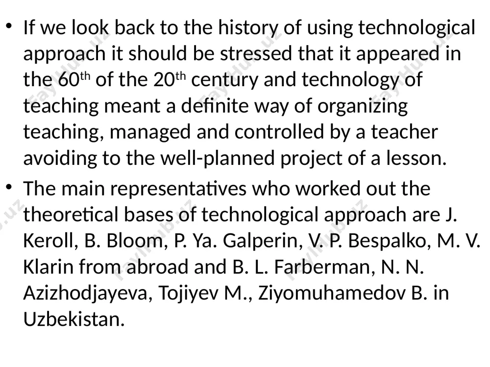 f uzbekistan with other countries there existed great demand and need for learning foreign languages as the main means of communication in international relations. 3. using innovative technologies in education is very effective and gives guaranteed results. they help to train qualified specialists who are able creative and critical thinking, feeling responsibility in their labor activity. 4. existing different view points on technologic approach and terms with the word “technology” made it important to work out the classification of the types of technologies. the main characteristic features of technological approach in education are the following: - well planning/projecting the educational process beforehand; - motivating learners to learn the theme being presented; - succession of the activities directed to learn the objective; - a guaranteed result in achieving the aim of learning. 5. technological approach includes the following types of technologies: - informational technologies; - technical technologies; - innovative educational technologies …