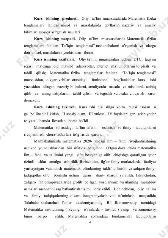 n bo’lishiga qaramasdan ularning kelgusi rivojlanishi uchun oliy ta’lim va ilm- fan sohasida zarur shart – sharoit yaratib berilmagan; to’rtinchidan, matematika sohasidagi ilmiy- tadqiqotning amaliyot va ishlab chiqarish bilan bog’liqligi zaifligicha saqlanib qolmoqda; beshinchidan, sohadagi olimlarning xorijiy ilmiy va ta’lim muassasalari bilan aloqalari milliy matematikani jahon miqyosiga olib chiqish, xalqaro hamjamiyatda nufuzini oshirish uchun yetarli emas. ta’limning barcha bosqichlarida matematika fanini o’qitish tizimini yanada takomillashtirish, pedagoklarning samarali mehnatini qo’lla- quvvatlash, ilmiy- tadqiqot ishlarining ko’lamini kengaytirish va amaliy ahamiyatini oshirish, xalqaro hamjamiyat bilan aloqalarni mustahkamlash, shuningdek, 2017- 2021- yillarda o’zbekiston respublikasini rivojlantirishning beshta ustuvor yo’nalishi bo’yicha xarakatlar strategiyasini “ ilm, ma’rifat va raqamli iqtisodiyotni rivojlantirish yili ” da amalga oshirishga oid davlat dasturida belgilangan vazifalar ijrosini ta’minlash maqsadida. 1. quyidagilar matematika sohasidagi ta’lim sifatini oshirish , ilmiy- tadqiqotlarni rivojlantirish va ilmiy ishlanmalarni amaliyotga joriy qilishning ustuvor yo’nalishlari etib belgilansin; maktabgacha, umumiy o’rta, o’rta maxsus, professional, oliy ta’lim tashkilotlari va ilmiy muassasalar …