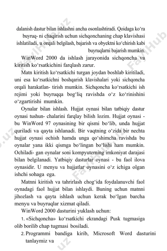 arini solishtirish va o‘zgartirish mumkin. 5.1-rasm. winword 2000 oynasining tuzilishi zistema menyusi. sistema menyusi oynaning chap yuqori burchagidagi klavisha orqali ochi- ladi. ushbu klavishadagi piktogrammaning ko‘rinishi faol ilovaga bog‘liq. winword 2000 da ushbu piktogramma ko‘k rangdagi w harfi bilan ifodalan- gan. oyna piktogramma ko‘rinishiga keltirib qo‘yilgan bo‘lsa ham sistema menyusini ochish mumkin, buning uchun windows 98 masalalar panelidagi mos piktogrammani sichqonchaning o‘ng klavishasi bilan belgilash kerak. kla- viaturadan esa buning uchun alt va bo‘sh joy belgisi birgalikda bosiladi. boshqa masalaga o‘tish. windows 98 dagi masalalar panelida ham- ma faol ochilgan ilovalarning piktogrammalari doimo ko‘rinib turadi, shuning uchun ulardan ixtiyoriysiga sichqoncha yordamida o‘tish mumkin. windows 98 masalalar paneli sarlavha satrida tatbiqiy dasturning nomi joylashadi. agar hujjat oynasi to‘la oyna holatiga keltirilgan bo‘lsa, u holda sar- lavha satrida ushbu hujjat nomi ham ko‘rsatiladi. boshqa hollarda hujjat nomi mos oyna sarlavha satrida beriladi. agar yangi hujjatga nom berilma- gan bo‘lsa, u holda doimiy …