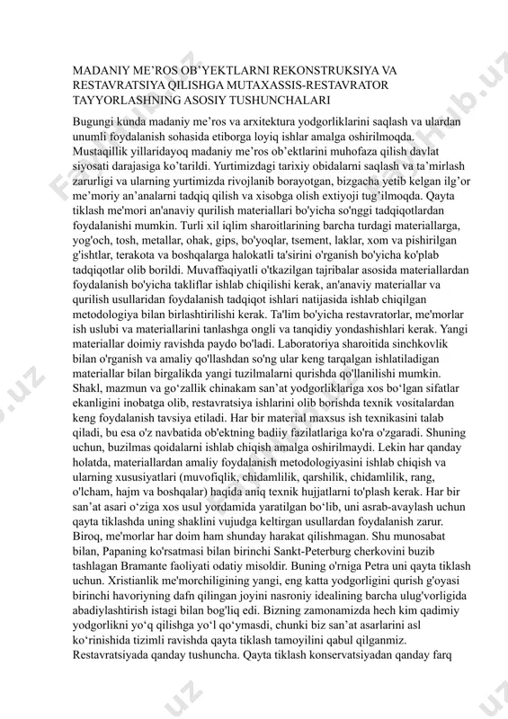 unlangandan so’ng yodgorlikning holati doimiy ravishda kuzatib boriladi va zarur bo’lganda profilaktika choralari ko’riladi. o’zbekistonda arxeologik yodgorliklarni saqlash: o’zbekiston hududi boy arxeologik merosga ega. mamlakatimizda qadimiy shaharlar, qo’rg’onlar, budda ibodatxonalari va boshqa ko’plab arxeologik yodgorliklar mavjud. ularni saqlash va ta’mirlash davlat siyosatining muhim yo’nalishlaridan biri hisoblanadi. o’zbekistonda arxeologik yodgorliklarni saqlash bo’yicha ilmiy-tadqiqot institutlari, muzeylar va davlat tashkilotlari faoliyat yuritadi. mamlakatimizdagi samarqand, buxoro, xiva, shahrisabz kabi qadimiy shaharlar yuneskoning butunjahon merosi ro’yxatiga kiritilgan. arxeologik yodgorliklarni saqlash va ta’mirlash - bu o’tmishga bo’lgan hurmat, kelajak avlodlar oldidagi mas’uliyat va milliy madaniyatni asrashning muhim shartidir. joyida saqlash, minimal aralashuv, qaytarlik, moslik va hujjatlashtirish kabi prinsiplarga amal qilish, mutaxassislarning bilim va tajribasidan foydalanish hamda zamonaviy texnologiyalarni qo’llash arxeologik yodgorliklarning uzoq muddatli saqlanishini ta’minlaydi. madaniy me’ros ob’yektlarni rekonstruksiya va restavratsiya qilishga mutaxassis-restavrator tayyorlashning asosiy tushunchalari bugungi kunda madaniy me’ros va arxitektura yodgorliklarini saqlash va ulardan unumli foydalanish sohasida etiborga loyiq ishlar amalga oshirilmoqda. mustaqillik yillaridayoq …