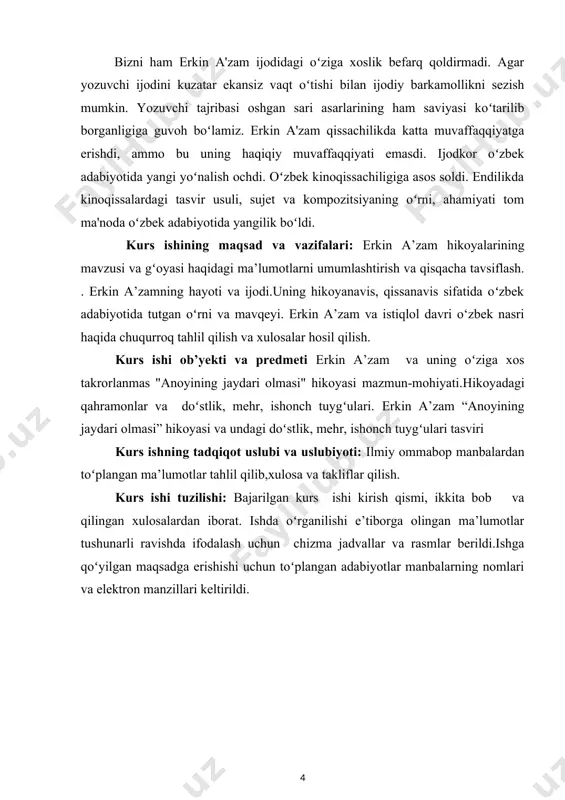 elib adabiyotda yangi bir tоʻlqin shakllandi. bu davr yozuvchilari ijodida mumtoz adabiyot an’analariga va milliylikka intilish bilan bir qatorda, yangicha adabiy tafakkur shakllanib, badiiy obrazlar silsilasida turmushni tubdan оʻzgartirishga harakat qilgan zamonaviy qahramonlar badiiyatda оʻz aksini topa boshladi. bu davr qissachiligida murod muhammad dоʻst, tog`ay murod, erkin a’zam, xayriddin sulton, g`offor hotam kabi ijodkorlar bu janr taraqqiyotiga ulkan hissa qоʻshdi. ularning badiiy asarlarida milliy оʻzlikni anglash, ijtimoiy muhitga qarama-qarshi obrazlar tizimi maydonga keldiki, ularda yashashni ma’nisini anglashga bоʻlgan intilish оʻz aksini topdi. darhaqiqat, erkin a’zam ijodni qismat deb bilgan ijodkorlardan biridir. adib asosan qissa va hikoyalari bilan kitobxon qalbiga yоʻl topgan. turli janrlar taraqqiyotidagi оʻzgarishlar adib ijodidagi qissa janrida ham kоʻzga tashlanadi. keyingi yillar qissachilik haqida sоʻz yuritgan adabiyotshunos umarali normatov shunday yozadi: “bugungi qissachiligimizga nazar tashlaganda birinchi galda undagi mavzu muammo, shakliy, uslubiy jihatdan rang–baranglik e’tiborni tortadi; ular orasida tarixiy, zamonaviy, ijtimoiy–siyosiy, oilaviy–maishiy, ishqiy mavzulardagi ham an’anaviy romantik, realistik, …
