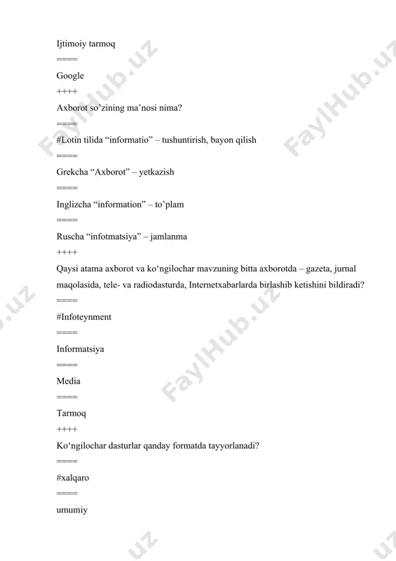 yesi faoliyat ko’rsatmoqda? ==== #29ta ==== 35ta ==== 50ta ==== 12ta ++++ xavf-xatarlarning tarmoqda nechta asosiy turi mavjud? ==== #3ta ==== 4ta ==== 8ta ==== 12ta ++++ qaysi xavf turi internet tarmog‘ida noma’lum (yaxshi tanish bo‘lmagan) shaxslar bilan muloqot jarayonida paydo bo‘ladi? ==== #kommunikatsion xavf ==== kontent xavfi ==== texnik xavf ==== to’g’ri javob yo’q ++++ qaysi xavf turi zararli dasturlardan foydalanib (virus, bot, ayg‘oqchi dasturlar), dasturiy mahsulotlarga zarar yetkazish, maxfiy va shaxsiy axborotlar yoki shaxsga oid ma’lumotlarni o‘g‘irlash, kiberfiribgarlik bilan shug’ullanadi? ==== #texnik xavf ==== to’g’ri javob yo’q ==== kommunikatsion xavf ==== kontent xavfi ++++ qaysi xavf turi yosh avlodning axloqiy va ma’naviy tarbiyasiga salbiy ta’sir etuvchi (matnlar, tasvirlar, audio, videofayllar, havolalar) noqonuniy, axloqsiz va zararli bo‘lgan turli axborotlarning (zo‘ravonlik, yovuzlik, hayosizlik, odob-axloq me’yorlariga zid so‘zlashuv, irqiy, diniy va millatlararo nizolarni keltirib chiqaruvchi, terrorizm va diniy ekstremizm, narkotik va psixotrop moddalar targ‘iboti, joniga qasb qilish, taqiqlangan o‘yinlar) internet tarmog‘ida …