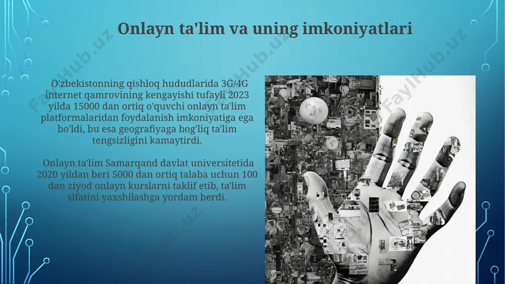 ogika va zamonaviy media vositalari tokio universiteti tadqiqotlari shuni ko'rsatdiki, 100 nafar talaba orasida multimedia resurslaridan foydalanganlarning 75 foizi o'zlashtirish darajasi yuqori bo'lgan. zamonaviy pedagogikada 2023-yilda o'zbekistonning 5 ta oliygohi interaktiv o'quv dasturlarini ishlab chiqishda vr/ar texnologiyalaridan foydalanish bo'yicha innovatsion loyihalarni amalga oshirmoqda. media madaniyati va tanqidiy fikrlash 2023-yilda oʻtkazilgan soʻrov natijalariga koʻra, samarqanddagi yoshlar orasida 70% dan ortigʻi internetdagi notoʻgʻri axborotni aniqlashda qiyinchiliklarga duch kelmoqda, bu media madaniyati va tanqidiy fikrlashning ahamiyatini ta'kidlaydi. oʻzbekistonning 2020-yildagi ta'lim islohotlari natijasida 50 dan ortiq maktabda media madaniyati darslari joriy etildi, bu tanqidiy fikrlash koʻnikmalarini rivojlantirishga qaratilgan. o'quv jarayonida media vositalaridan foydalanishning afzalliklari o'quv jarayonida videolar, masalan, khan academy’ning 2000 dan ortiq bepul ta'lim videolari, talabalarning turli xil o'rganish usullariga moslashuvchanlikni ta'minlaydi va shuningdek, dunyoning istalgan nuqtasidan bilimga kirish imkoniyatini beradi. interfaol o'yinlar, jumladan, kahoot! platformasidagi 50 milliondan ortiq o'yinlar, o'quv jarayonini qiziqarli va raqobatbardosh qilib, 7-sinf o'quvchilarining matematikada mahoratini 15% ga oshirgan …