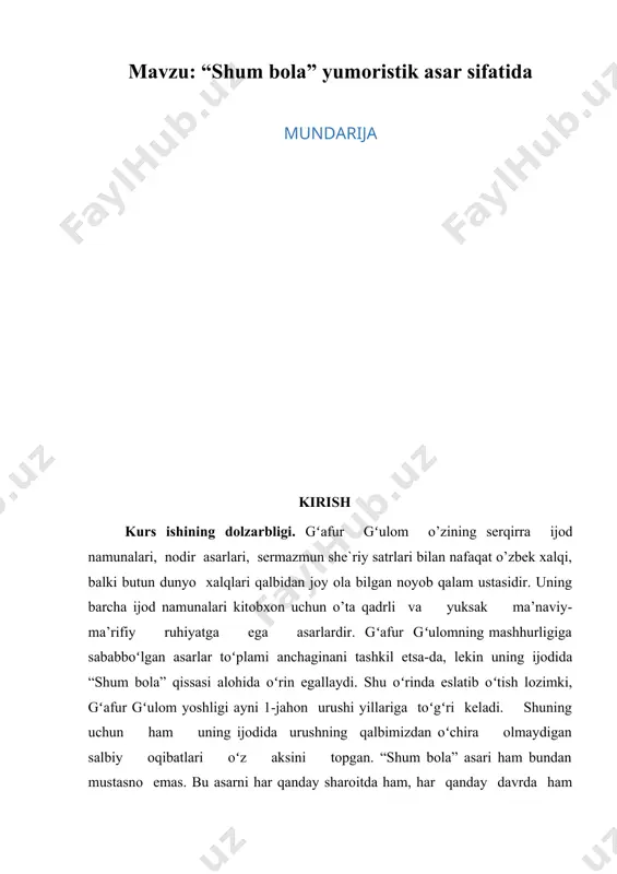 ratga soladi”. qissa qahramoni asl ismi pinhon tutilgan shum bola, 14-15 yoshli oʻsmir yigitdir. u yarim yillik sarguzashti davomida hayotning barcha jabhalarini, undagi ikir-chikirlargacha oʻzdan kechiradi. agar yerda zulm koʻpaysa, ijodkor mavzu va makonni oʻsha yerdan olisga koʻchiradi, qahramonlarini sarguzashtga chorlaydi yohud voqea-hodisalarni arshi aʼloga koʻchiradi. gʻafur gʻulom qahramoni sarguzashtga chiqadi. muallif oʻz badiiy niyatini sarguzasht davomida anglatib boradi. qissadagi real voqeliklar gʻayrishuuriy tarzda aks ettiriladi. ruhiyat birinchi o`ringa olib chiqilib, aql ikkinchi darajali qurolga aylanadi. agar shum bola aql egasi sifatida gavdalantirilganda bu kabi erkinliklarga ega boʻlmasdi va asar ham hozirgidek mavqe qozonolmasdi. muallif buni anglagan holda oʻz qahramoniga katta ruhiy erkinlik beradi. badiiy asarda ruhiy erkinlikni taʼminlash esa badiiylikning muhim asosi sanaladi. biz tadqiq etayotgan qissada ruhiy kechinma va tuygʻu bolada rivojlangan boʻlib, uni shakllantirish, butun boshli mafkuraga qarshi qoʻyish, aql bilan tizginni boshqarish yozuvchining oʻzida qolgan. muallif va qahramon oʻrtasidagi aqliy va ruhiy asoslar uygʻunlashib asar badiiy …