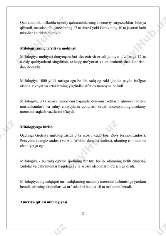 ko'rilmagan sarguzashtlari orqali xudolarga qarshi chiqishlari mumkin, lekin xudolar ko'pincha ulardan ustun turadilar. mifologiyaning madaniyatga ta'siri mifologiya san'at va adabiyotga kuchli ta'sir ko'rsatdi, ko'plab asarlar uchun 70% dan ortiq ilhom manbai bo'lib, qahramonlik va dramatik voqealarni aks ettiradi. u an'analarga, rasm-rusumlarga va bayramlarga chuqur singib ketgan; masalan, navro'z kabi bayramlar 3000 yillik mifologik ildizlarga ega. mifologiya axloqiy me'yorlarni shakllantirishda muhim rol o'ynaydi, odamlarga 8 asosiy fazilatlar (adolat, jasurlik, va hokazo) haqida saboq beradi. miflarning kelib chiqishi va evolyutsiyasi miflar og'izdan og'izga o'tib, 200-300 yil ichida hikoyachilar tomonidan o'zgartirilgan. keyinchalik yozuv paydo bo'lishi bilan mifologik matnlar standartlashtirilgan, lekin interpretatsiyalar davom etavergan. dastlabki miflar mahalliy urf-odatlar va an'analarga asoslangan bo'lib, madaniyatlar o'rtasidagi aloqalar orqali o'zgarib boradi. misol uchun, qahramonlarning 3 ta arxetipi turli xalqlar mifologiyasida namoyon bo'lishi kuzatiladi. miflar ko'pincha jamiyatning dastlabki tushunchalari, masalan, tabiat hodisalari va insoniyatning kelib chiqishi haqidagi 1.0 versiyasidir. bu tushunchalar vaqt o'tishi bilan o'zgarib, evolyutsiya jarayonini boshlaydi. …