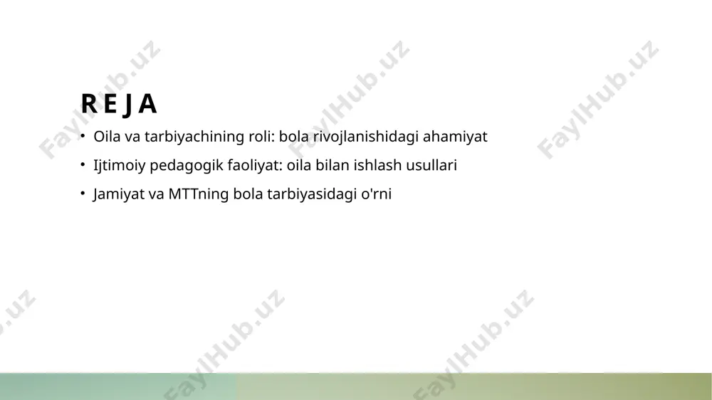 kmalarni mustahkamlaydi. muloqot va o'zaro tushunish ota-onalar va tarbiyachilar orasidagi ochiq muloqot, bola tarbiyasidagi muammolarni hal qilishda va rivojlanish istiqbollarini belgilashda muhimdir. oila muhitining bola rivojlanishiga ta'siri: ijtimoiy pedagogika nuqtai nazari. 1 oila muhitining ahamiyati oila muhitida bola uchun sevgi, qo'llab-quvvatlash va xavfsizlik muhimdir. bu omillar bola psixologik va ijtimoiy rivojlanishiga ijobiy ta'sir ko'rsatadi. 2 ijtimoiy pedagogika roli ijtimoiy pedagogika, oilaviy muhitda tarbiyalash jarayonini qo'llab-quvvatlaydi. ota-onalar va tarbiyachilar o'rtasidagi hamkorlik bola rivojlanishida muhim ahamiyatga ega. 3 mahallaning ta'siri mahalla, bola tarbiyasida qo'shimcha resurs va qo'llab-quvvatlash manbai hisoblanadi. ijtimoiy muhit bola ijtimoiy ko'nikmalarini rivojlantirishga yordam beradi. tarbiyachilar va ota-onalar: bola hissiy va ijtimoiy rivojlanishida rol. 1 tarbiyachilar roli tarbiyachilar bola hissiy va ijtimoiy rivojlanishini qo'llab-quvvatlaydi, ularga kuchli asos yaratish va o'z-o'zini anglashda yordam beradi. 2 ota-onalar ishtiroki ota-onalar bola tarbiyasida faol ishtirok etishlari, hissiy yaqinlikni va ijtimoiy ko'nikmalarni rivojlantirishda muhim rol o'ynaydi. 3 hamkorlik va aloqa tarbiyachilar va ota-onalar o'rtasidagi samarali …