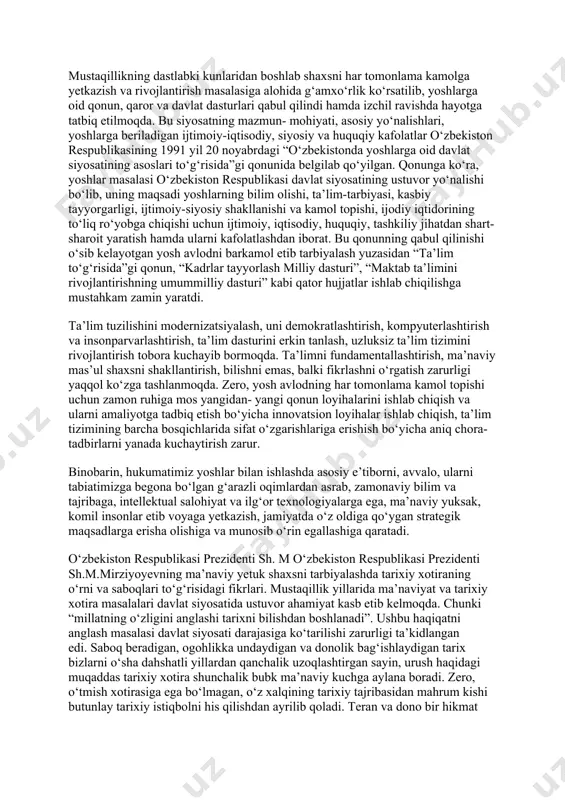oritishda ilmiy tadqiqotlar olib borishning ilmiylik, tizimlilik, tarixiylik, ob’ektivlik va qiyosiy tahlil usullaridan foydalanildi. intellektual salohiyatli, ma’naviy barkamol avlodni tarbiyalash, komil insonni voyaga yetkazishda mamlakat eng yangi tarixining tutgan o‘rni. mustaqil o‘zbekiston davlati hamisha demokratik taraqqiyot, modernizatsiya va yangilanish borasida belgilangan maqsadlarga erishishda eng muhim qadriyat va hal qiluvchi kuch bo‘lgan bilimli va intellektual rivojlangan avlodni tarbiyalash vazifasini o‘zining asosiy ustuvor yo‘nalishlari qatoriga qo‘yib kelmoqda. ayni paytda, o‘zbekiston tarixi fani, uning mantiqiy davomi bo‘lgan o‘zbekistonning eng yangi tarixi”ni o‘qitish, uning mazmun-mohiyatini ularga tushuntirish orqali, yuksak ma’naviyatli, dunyoqarashi keng qamrovli, intellektual salohiyatli, ma’naviy barkamol avlodni tarbiyalash, komil insonni voyaga yetkazishdek mas’uliyatli vazifa turibdi buyuk shaxslar ta’kidlaganidek, “yoshlar bilan ishlashda ham yangi yondashuvlar kerak...”. zero, bugungi yoshlarimizning nafaqat jismoniy va ma’naviy sog‘lom o‘sishi, balki ularning eng zamonaviy intellektual bilimlarga ega bo‘lgan, uyg‘un rivojlangan insonlar bo‘lib, xxi asr talablariga to‘liq javob beradigan barkamol avlod bo‘lib voyaga etishi uchun zarur barcha imkoniyat va sharoitlarni …
