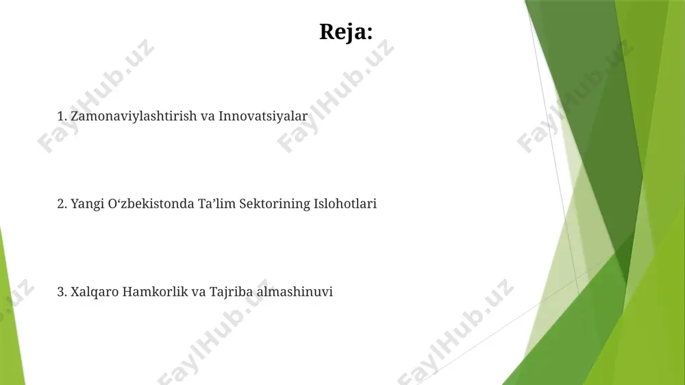 an kasblarga yo'naltirilgan. yangi oʻzbekistonda taʼlim islohotlarining asosiy maqsadlari respublikaning barcha hududlarida, xususan, qoraqalpogʻiston respublikasida, internetga ulangan 1000 dan ziyod maktablarni taʼminlash orqali raqamli taʼlimni rivojlantirish rejalashtirilgan. yangi oʻzbekiston taʼlim tizimida 2030-yilgacha 12 yillik majburiy taʼlimni joriy etish, shuningdek, buxoro va samarqand kabi shaharlarda zamonaviy maktablar qurish rejalashtirilgan. maktabgacha taʼlimning modernizatsiyasi 2022 йилдан бошлаб, ўзбекистон бўйлаб 5000 дан ортиқ мактабгача таълим муассасаларининг моддий-техника базаси янгиланди ва уларнинг 30% дан кўпроғи замонавий технологиялар билан жиҳозланди. тошкент шаҳридаги "баркамол авлод" марказларида 5 ёшдан 7 ёшгача бўлган болалар учун инглиз тилини ўргатиш дастурлари жорий этилиб, 2023 йилда таълим олувчилар сони 15% га ошди. taʼlim islohotlarining samarasini baholash навоий вилоятидаги 30 та коллеж ва техникумларда ўтказилган сўровномалар, битирувчиларнинг 70% иш билан таъминлангани ва бунинг таълим ислоҳотларининг иқтисодий самарадорлигини кўрсатишини тасдиқлади. 2022-2023 ўқув йилида тошкент шаҳридаги 150 та мактабда ўтказилган таълим сифатини баҳолаш натижалари, ўқувчиларнинг академик кўрсаткичларида 15% га ўсиш кузатилганини кўрсатди. oliy taʼlim tizimining …