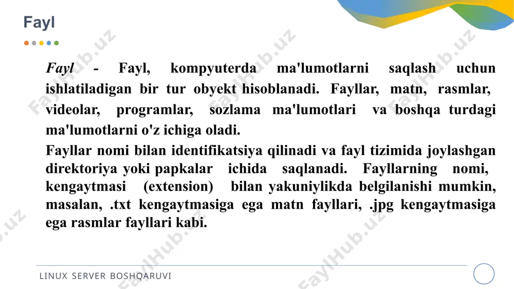 yruq. head: bir faylning boshidagi belgilangan soni qatorlarni ko'rish uchun ishlatiladigan buyruq. tail: bir faylning oxiridagi belgilangan soni qatorlarni ko'rish uchun ishlatiladigan buyruq. /boot/ linux server boshqaruvi boot - /boot katalogi linux operatsion tizimida ma'lumotlar tizimining boshlang'ich yuklanish jarayonida ishlatiladi. bu katalogda tizimning yuklanish jarayonida kerak bo'lgan fayllar joylashadi. /boot katalogining asosiy maqsadi, tizimning yuklanish jarayonida kerak bo'lgan fayllarni saqlash va ularga kirish imkonini berishdir. bu fayllar odatda operatsion tizimi yuklash uchun zarur bo'lgan bootloader (yuklab olish dasturi) va kernel (tizimning asosiy qismi) fayllarini o'z ichiga oladi. quyidagi fayllar /boot katalogida joylashishi mumkin: /boot/ linux server boshqaruvi vmlinuz: linux kernel fayli. initrd yoki initramfs: boshlang'ich ram disk fayli. config: kernel konfiguratsiya fayli. system.map: kernel simvol ma'lumotlari fayli. grub yoki efi kataloglari: bootloader konfiguratsiya fayllari (grub yoki efi bootloader) /boot katalogi tizimning boshlang'ich yuklanish jarayonida ishlatiladi, shuning uchun bu katalogga foydalanuvchilar tomonidan o'zgartirishlar kiritish tavsiya etilmaydi. bu katalogdagi fayllar tizim boshqaruvchisi …