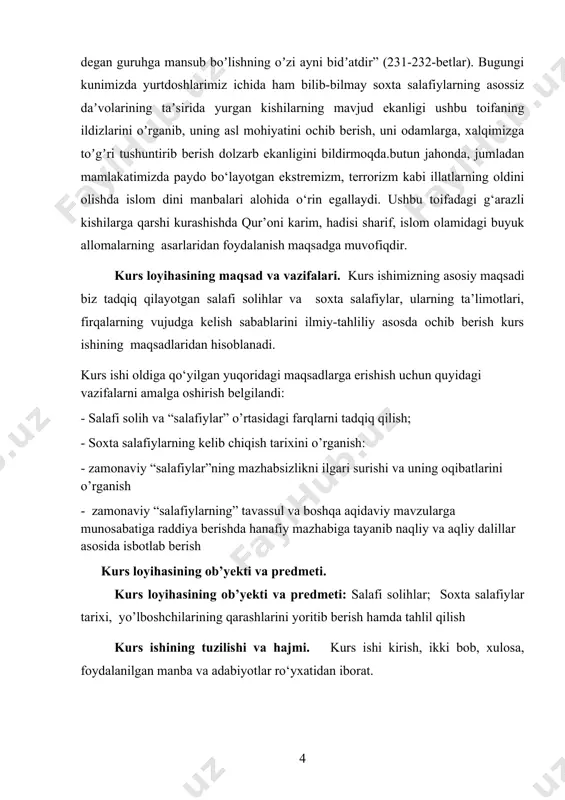 davr men yashagan davr, soʼng undan keyingi va undan keyingi davrlardir»deb, islomning ilk uch davrini madh etganlar. [footnoteref:2]аna shu hadisga asoslanib, islom ulamolari muhammad (alayhis-salom) zamonlarida va undan keyingi ikki davrda yash agan musulmonlarni «salaf solih», yaʼni [2: ] «solih ajdodlar» deb tavsif laydilar. ulardan keyingi davrlarda yashagan musulmonlarga nisbatan bu nomlar asarlarda qoʼllanilmaydi8. аhli sunna va jamoa anʼanasiga koʼra, salafi solihlar d avr i d an keyi n yash agan m usulm onlar xalaf lar, yaʼ n i «keyingilar» deb ataladi. shu oʼri nda salaf va xalaf d avr l ar i n i n g xususiyat- lariga toʼxtalib oʼtsak. salaf ulamolari davrida har bir masalaga yondashish da asosan qurʼon, hadis, ijmo va qiyosga asoslanib ish koʼrilgan. vaqt oʼtish i bilan islom dini tarqalgan hududlarning jadal kengayishi, musulmonlarning boshqa din va m adaniyatlar bilan yu zlash ish i natij asida yangi ijtimoiy-iqtisodiy munosabatlarning shakllanishi vaziyatni oʼzgartirib yubordi. yangi sharoitlarda …
