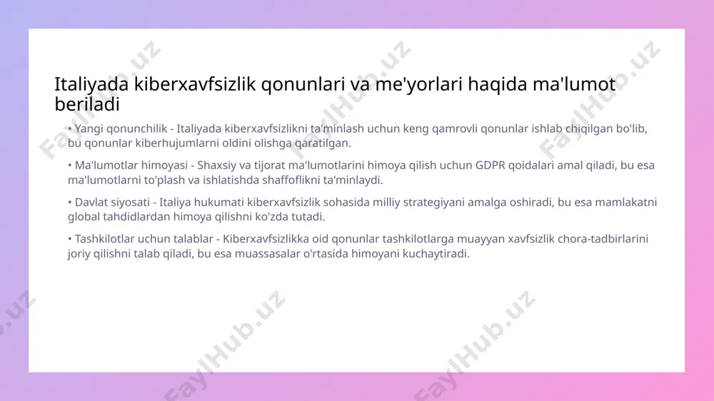 sh mumkin • xususiy va davlat sektori - xususiy va davlat sektoridagi tashkilotlar kiberxavfsizlik bo'yicha dasturlarni qo'llab-quvvatlashi kerak kiberxavfsizlik bo'yicha xalqaro hamkorlikning ahamiyati ta'kidlanadi • hamkorlikni kuchaytirish - xalqaro hamkorlik kiberxavfsizlikni kuchaytiradi. bu orqali davlatlar o'zaro tajriba almashadi va yangi xurujlarga qarshi reja tuzadi. • ma'lumotlar almashinuvi - kiber jinoyatchilikka qarshi kurashishda ma'lumotlar almashinuvi muhim rol o'ynaydi. boshqa mamlakatlardan olingan bilimlar yordamida samarali himoya choralari ishlab chiqiladi. italiyada kiberhujumlardan himoya qilish uchun texnologiyalarni qo'llash zarur • kiberxavfsizlikning ahamiyati - kiberxavfsizlik zamonaviy dunyoning poydevoridir. italiyada davlat va xususiy sektorda kiberhujumlar xavfi ortib bormoqda. • texnologiyalarni qo'llash - zamonaviy texnologiyalarni, masalan, sun'iy intellekt va ma'lumotlarni shifrlashni qo'llash kiberhujumlarga qarshi samarali himoya ta'minlaydi. • ta'lim va ongli xulq - kiberhujumlarga qarshi kurashda ta'limning roli katta. xodimlarni kiber xavfsizlik bo'yicha o'qitish zarur. • kollaboratsiya va almashuv - davlat va xususiy sektor o'rtasidagi hamkorlik kiberhujumlardan himoya qilishda muhim omil hisoblanadi. malakali mutaxassislar o'z bilimlarini almashishlari …
