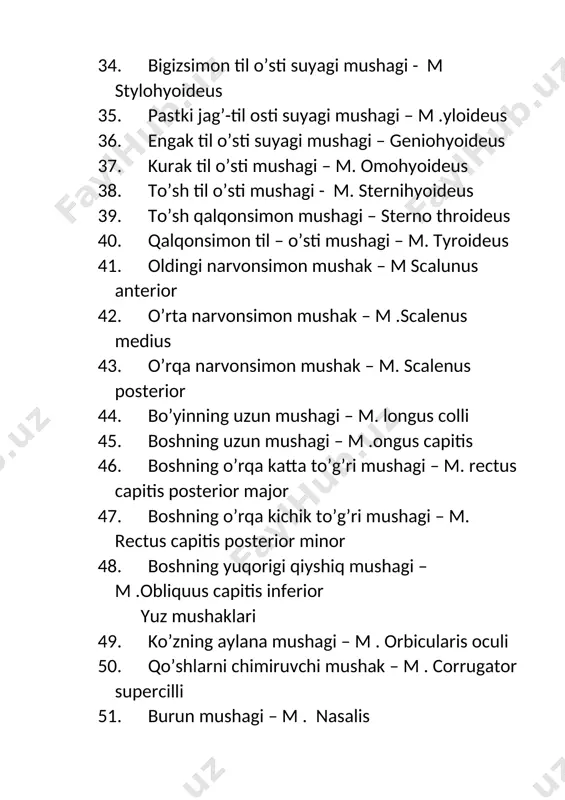 triceps brachiii 75. tirsak mushagi – m. anconeus 76. yelka bilak mushagi – m. brachioradialis 77. bilakni ichkariga buruvchi yumaloq mushak - m. pronator teres barmoq mushaklari 78. panjani bukuvchi bilak mushagi – m. flecsor carpi radialis 79. uzun kaft mushagi – m.palmaris longus 80. barmoqlarni bukuvchi yuzaki mushak – m. flextor digitorum superficialis 81. barmoqlarni bukuvchi chuqur mushak – m. flextor digitorum profundus 82. qo’lning bosh barmog’ini bukuvchi uzun mushak – m. flextor pollicus longus 83. bilakni ichkariga buruvchi kvadrat mushak – m. pronator quadratus 84. kaftni bilak tomonga yozuvchi uzun mushak – m. extensor carpi radialis longis 85. kaftni balak tomonga yozuvchi kalta mushak – m .extensor carpi radialis brevis 86. jimjiloqni yozuvchi mushak – m. extensor digiti minimi 87. kaftni tirsak tomonga yozuvchi mushak – m. extensor carpi ulnaris 88. qo’l bilagini tashqariga buruvchi mushak – m . supinator 89. qo’lning bosh barmog’ini uzoqlashtiruvchi uzun mushak – …