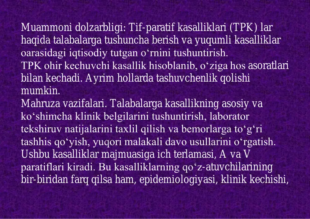 b, uzunligi 1.5-3 mikron. grammanfiy mikroblardan hisoblanadi. tanasida gir aylana kalta xivchinlari borligi tufayli, u harakatchan. spora va kapsula hosil qilmaydi. safro qo‘shilgan muhitda yaxshi o‘sadi. mikrobni topishda qo‘llanadigan endo va ploskirev muhitlari tarkibida ham safro bor. tif-paratif kasalliklari ushbu kasalliklar majmuasiga ich terlamasi, a va v paratiflari kiradi. bu kasalliklarning qo‘zg‘atuvchilarining bir-biridan farq qilsa xam, epidemiologiyasi, nazardan ichterlama kasalligini chuqurrok o‘rganish, paratiflar to‘g‘risida ham tushuncha beradi. ichterlama (qorin tifi) turni8 av1)om1\l1l8 ichterlama o‘tkir yukumli kasallik bo‘lib, bakteriemiya oqibatida intoksikatsiya, tana xaroratining kutarilishi, terida toshmalar paydo bo‘lishi va ingichka ichak limfa apparatining jaroxatlanishi bilan kechadi. "tifos" — grekcha so‘z bo‘lib, tarjimasi "tuman" ma’nosini bildiradi. kasallik qadimda g‘oyat og‘ir, kuchli intoksikatsiya bilan o‘tgani tufayli, bemorning xushi o‘zida bo‘lmasligini etiborga olib, shunday nom berilgan. ichterlama bilan kasallanish qadim zamonlardan beri ma’lum. bu kasallik xaqida xatto buqrot o‘z yozuvlarida ma’lumot keltirgan. ilgari bu kasallikni harorat ko‘tarilishi balan kechadigan boshqa xastaliklardan ko‘p farq qilishmagan. …