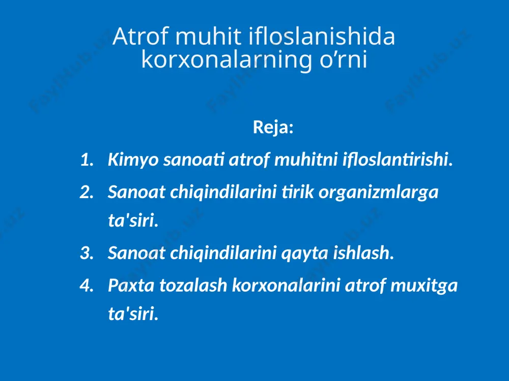 bifenil 500 ming t., benzopiren 8 ming t., ftor uglevodorodlari 710 ming t., mis: atmosferaga 65 ming t.; qattiq chiqindi sifatida 80 ming t.; 100 ming t. o'g'it sifatida tabiatga ya'niy havo, tuproq va suvga tushgan.havo, tuproq va suvga tashlanmoqda. bu esa o'z navbatida tabiatdagi moddalar harikati natijasida deyarli barcha hayot muhitlarida to'planadi va tabiiy muvozanatni izdan chiqishiga olib keladi. sanoat korxanalaridan atrof muhitga tashlanadigan va ishlab chiqariladigan kimyoviy moddalar. atrof-muhitga 7 mlrd. tonnaga yaqin tushadigan sanoat korxonalari chiqindilariga asosan: uglerod oksidlari (so, so2); oltingurgut oksidlari (so, so2); vodorod oltingurguti (h2s); azot oksidlari (no, nox); ammiak (nh3); inert gazlardan: frionlar (sn3clf, c2h4clf); vodorod ftorid (hf); uglevodorodlar (ch4, snn2+2n), og'ir metallar temir (fe), qurg'oshin (pb), nikel (ni), simob va boshqalar. ularni birnecha mingdan ortiq turlari mavjud. atrof-muhitganga ta'siri bo'yicha sanoat korxonalari chiqindilarini miqdori bo'yicha: energetika (31%); avtomobilsozlik (24%); qora metallurgiya (14%); qurilish materiallari sanoati (11%); rangli metallurgiya (7%); neftni qaytaishlash (5%); …