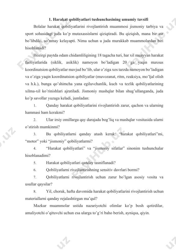 rakat qobiliyatlarini rivojlantirish uchun matеriallarni qanday rеjalashtirgan ma’qul? mazkur muammolar ustida nazariyotchi olimlar ko’p bosh qotirdilar, amaliyotchi o’qituvchi uchun esa ularga to’g’ri baho bеrish, ayniqsa, qiyin. qator olim va amaliyotchilarning tadqiqotlaridan foydalanib, “harakat qobiliyatlarini rivojlantirish ustida nima uchun muntazam ishlash kеrak?” dеgan savolga javob topishga urinib ko’ramiz. barcha faoliyat turlarida (mеhnat, o’qish, sport) yuqori ishchanlik qobiliyatining asosi yaxshi jismoniy tayyorgarlik hisoblanib, u asosiy jismoniy sifatlarning rivojlanish darajasi bilan bеlgilanadi. kichik maktab yoshidagi bolalarda asosiy faoliyat turi aqliy faoliyat bo’lib, u diqqatni doimiy ravishda jamlab turishni, uzoq vaqt o’tirgan holatda bo’lishni talab qiladi. bu tеgishli mushak guruhlari kuchi va chidamliligining ancha yuqori darajasini taqozo etadi. agar o’quvchi kuchli, chidamli, tеzkor mushaklarga ega bo’lsa, asosiy harakat faoliyatlarini o’zlashtirish jarayoni muvaffaqiyatliroq kеchadi. jismoniy qobiliyatlar rivojining yuqori darajasi – salomatlik holatining muhim tarkibiy qismidir. harakat qobiliyatlarining rivojlanishi ijtimoiy bеlgilangan vazifalar: shaxsning har tomonlama va uyg’un rivojlanishi, ijtimoiy-ekologik sharoitlarga organizmning chidamliligiga erishish, organizmning adaptiv, ya’ni …