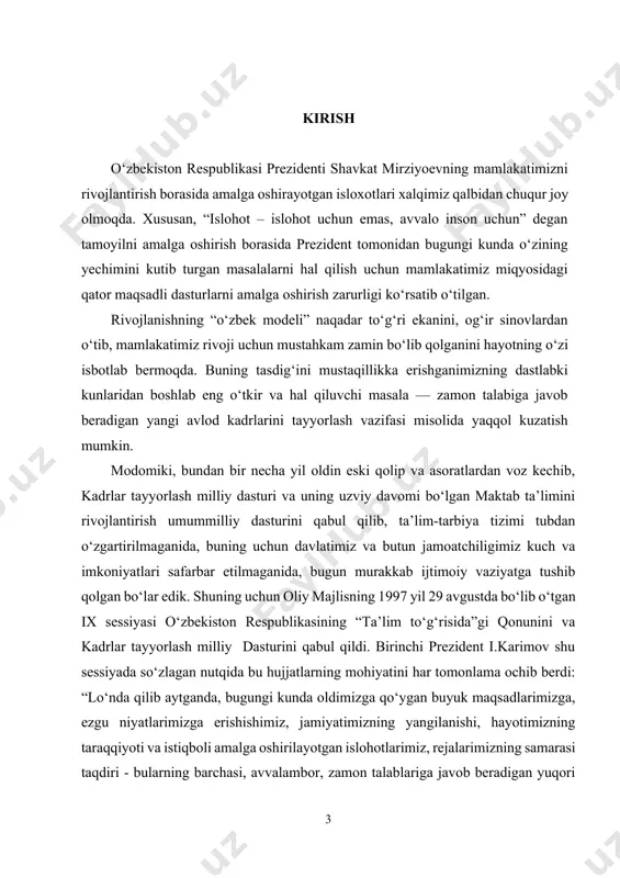 -jild. – t.: “o’zbekiston”, 1998 yil, 325-bet.] [3: islom karimov. biz kelajagimizni o’z qo’limiz bilan quramiz. asarlar, 7-jild. – t.: “o’zbekiston”, 1999 yil, 135-bet.] kadrlar tayyorlash milliy dasturi asosida mamlakatimizda 9+3 sxemasi bo‘yicha 12 yillik uzluksiz umumiy ta’lim tizimiga o‘tildi, yangi tipdagi, zamonaviy maktab, kollej va litseylar qurildi, oliy ta’lim tizimi jahon tajribasi va iqtisodiyotimiz, jamiyatimiz va davlatimizning barqaror o‘sish talablaridan kelib chiqib qaytadan barpo etildi, ularning moddiy-texnik bazasi, saboq berish standartlari butunlay yangilandi. o‘zbekiston respublikasi prezidenti shavkat mirziyoev ushbu yo‘nalishdagi islohotlarni nafaqat uzviy davom ettirish, balki uni yangi bosqichga olib chiqishga birinchi darajali vazifalar qatorida e’tibor qaratmoqda. jumladan, maktabgacha ta’lim tizimini yanada takomillashtirish, moddiy-texnika bazasini mustahkamlash, maktabgacha ta’lim muassasalari tarmog‘ini kengaytirish, malakali pedagog kadrlar bilan ta’minlash, bolalarni maktab ta’limiga tayyorlash darajasini tubdan yaxshilash, ta’lim-tarbiya jarayoniga zamonaviy ta’lim dasturlari va texnologiyalarini tatbiq etish, bolalarni har tomonlama intellektual, axloqiy, estetik va jismoniy rivojlantirish uchun shart-sharoitlar yaratish maqsadida “2017 — 2021 yillarda …