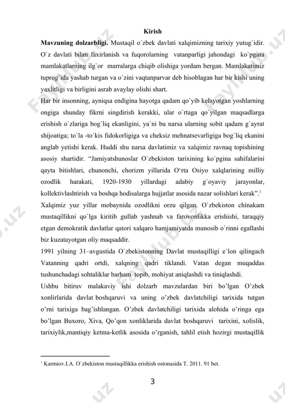 , ilmiy xulosalar chiqarish. bmining ilmiy yangiligi va ahamiyati. xonliklarning o’zbek davlatchiligi boshqaruv tarixida tutgan o’rnini yozma manbalar, arxiv hujjatlari, ilmiy adabiyotlar ma'lumotlari asosida tahlil qilish hamda umumlashtirishtirildi; buxoro xonligida shayboniylar ashtarxoniylar hamda mang’itlar sulolasi davridagi davlat boshqaruvini ilmiy jihatdan tizimlashtirish hamda tahlil etildi; buxoro amirligida mang’itlar sulolasining tutgan o’rni va ularning hokimiyat tepasiga kelishi tarixini tahlil etildi; xiva xonligidagi sulolalar va ularning hokimiyatdagi bohqaruv tizimini yoritildi; qo’qon xonligida davlat tizimini tadqiq etish, ilmiy xulosalar chiqarish. to’plangan ma’lumotlardan oliy o’quv yurtlaridagi o’zbekiston tarixi fanidan darslar o’tishda, kurs ishi, referat, mustaqil ishlarni tayyorlash va amaliy mashg’ulotlar ishlanmasini yaratishda qo’llanma sifatida foydalanish mumkin. ishning aprabatsiyasi. bitiruv malakaviy ish qarshi davlat universiteti tarix fakulteti o`zbekiston tarixi kafedrasi qoshidagi “yosh o’lkashunos ” tо‘garagida, hamda 2010 yildagi nasaf va kesh tarixi jaxon sivilizatsiyasi tizimida deb nomlangan respublika ilmiy amaliy konferensiyasida, 2010-2011 va 2011-2012 о‘quv yilidagi talabalarning ilmiy- amaliy konferensiyasida ma’ruza qilingan. ishning hajmi va strukturasi. …