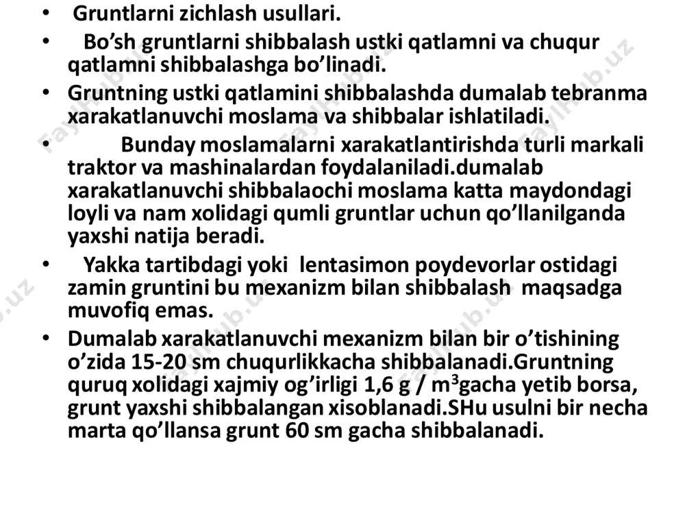 nologiyasi tsementlash texnologiyasiga o’xshash.bitumlashda gruntga eritilgan bitum yoki suyuq bitum yumulg’tsiyasi yuboriladi.birinchi usul faqat qoya jinslarining yoriqlarini to’ldirish uchun ishlatiladi. ikkinchi usul qumli gruntlarda ishlatiladi. • issiq bitumlash uchun ishlatiladigan qurilma qozon, nasos, elektr toki bilan isitiluvchi va ing’ektordan iborat.ing’ektorlar 0,75- 2 m oralig’ida burg’ quduqqa tushiriladi.tashqi diametri 100mm va ichki diametri 40 mm li trubalardan iborat. ichki trubaga bitum yuboriladi, diametri 10-16 mm li teshikchalar qilingan.bitum 25-30 atm bosimda yuboriladi.suyuq bitum emulg’tsiyasi suvda emulg’sator yordamida maydalangan bitumdan iborat bo’lib, 60% ini bitum, 40% ini suv tashkil qiladi.suyuq bitum emulg’tsiyasining o’tish qobiliyati yaxshi bo’lganligi uchun qumli gruntlarda qotirishda ishlatiladi.bitum emulg’tsiyasi bosim ostida yuboriladi, grunt g’ovaklarini to’ldirib, zarrachalarni bog’laydi va qotiradi. • nazorat savollari. • 1. gruntlarni tsementlashni tushuntiring. • 2. gruntni bitum bilan qotirishni ayting. • 3. gruntlarni qotirish usullarini ayting. • 4. suvga to’yingan gruntlarda kotlovanlar kavlashga nima uchun imkoniyat yaratiladi? • 5. qum to’shamaning qo’llanilishi, ‘oydevorning chuqurligini va …