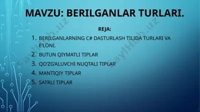 c# tilida ma'lumotlar tiplari — PPTX