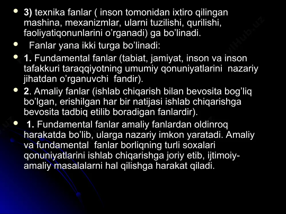 y texnik muammolarini hal etish, kompleks yechimlar beradigan, ishlab chiqarish korxonalarini hamda iqtisodiyotning butun tarmoqlarini har tomonlama takomillashtirishni ta’minlash asosida yirik texnologiyalar natijalariga ega bo’lish va kuchaytirishdan iborat. mamlakatimiz prezidenti islom karimov “ agar fanni bir ulkan daraxt deb tasavvur qilsakfundamental tadqiqotlar uning ildizini tashkil etadi. zero ildiz qanchalik baquvvat, chuqur ketgan bo’lsa, daraxt shunchalik barq urib yashnaydi, ko’rkam hosil beradi” degan edi. subyektga murojaat qilish- fundamental sotsiologiya rivojining ikkinchi muhim tushunchasidir. fundamental sotsiologiya bu metonazariyasidir, u fanning tuzilishi, mazmuni, kategoriyasi va metodlarini o’rganadigan umumsotsiologik muammoni tasdiq qiladi. shu boisdan ham fundamental tadqiqot roli beqiyosdir uning quyidagi funksiyalari bor: dunyoqarash funksiyasi metodologik funksiyasi integriyatsiyalashtiruvchi funksiyasi evristik funksiyasi o’zbekiston prezidenti islom karimov 1995 yil 2 noyabr kuni respublika bir guruh olimlari- mamlakat fanlar akademiyasi vakillari bilan uchrashuvda “ fan ravnaqisiz buyuk davlat qurib bo’lmaydi” xususidagi nutqida “ayniqsa fundamental fanlarga alohida e’tibor berish kerak. chunki fundamental fanlar taraqqiyot asosidir” degan edi. adabiyotlar …