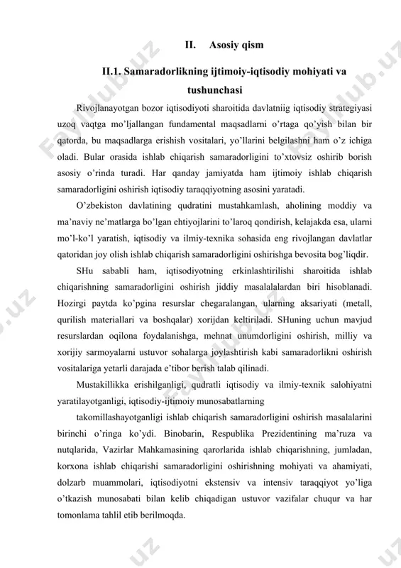 i. holbuki, mamlakatda ro’y beraetgan ijtimoiy o’zgarishlar kishilarning e’tiborini jalb qilmoqda va ijtimoiy- iqtisodiy jarayonlarni o’rganish va ularga baho berish zaruriyatini tug’dirmoqda. bugungi kunda ishlab chiqarishning ham iqtisodiy, ham ijtimoiy samaradorligini o’rganish o’ta muhimdir. ular o’zaro uzviy bog’liq va bir-birini taqozo etadigan kategoriyalardir. samaradorlik korxona ishlab chiqarish faoliyatining "ko’zgusi" hisoblanadi. bu «ko’zgu»da ishlab chiqarishning barcha natijalarini ko’rish mumkin. ma’lumki, har bir tarmoq, korxona, qolaversa, har bir shaxs o’z ishlab chiqarysh faoliyatida maksimum foyda olishga intiladi. buning uchun ma’lum xarajatlar qiladi. ana shu foyda bilan xarajatlar o’rtasidagi farq tarmoq va korxona faoliyatining «ko’zgusi» bo’lgan samaradorlikda ko’zga tashlanadi. ishlab chiqarishning eng yuqori samaradorligi ishlab chiqarish xarajatlarini minimum darajaga keltirishdan iborat. bozor munosabatlari sharoitida samaradorlikning alohida o’rni mavjud. bozor iqtisodiyoti natijalilikni, foydalilikni taqozo etadi. tartibli bozorga asoslangan iktisodiyotda eng kam resurs sarflab, ko’p natijaga erishish zarur. mahsulot ishlab chiqarish jarayonida 5 turdagi resurslar tizimi harakatda bo’ladi: a) moddiy resurslar; b) mehnat resurslari; v) …