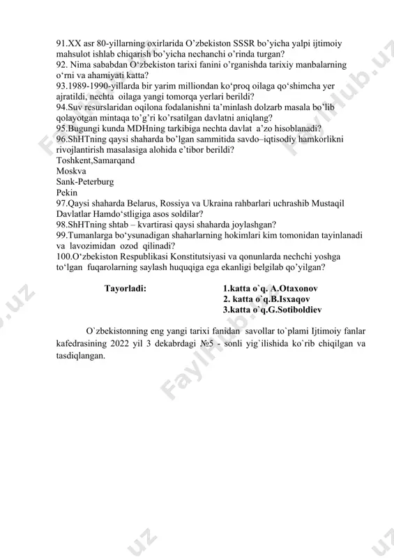 lligi nishonlandi 72.qaysi shaharda tankchi komandir-muhandislar tayyorlovchi oliy harbiy bilim yurti mavjud? 73.nechanchi yilda 14-yanvar vatan himoyachilar kuni deb e’lon qilingan? 74.1989 yilda qancha odam “paxta ishi” bo’yicha sudlandi? 75.o’zbekiston mustaqillik dekloratsiyasi nechta moddadan iborat? 76.o'rta asrning qaysi olimi algebra asoschisi xisoblanadi? 77.”xidoya” kitobining muallifini aniqlang? 78.sh. mirziyoyevning ilk ma’ruzasi bmt bosh assambleyasining qaysi sessiyasida bo’ldi? 79.dunyo halqlarining madaniyati, ta’lim va fani borasida erishgan yutuqlarini halqaro miqiyosda targ’ib etuvchi halqaro tashkilot qaysi qatorda to’g’ri ko’rsatilgan? 80.o‘zbekiston respublikasi prezidenti shavkat mirziyoyev 2017-yil 27-mart sanasida mamlakat taraqqiyoti yo‘lida fidokorona xizmat qilgan qaysi atoqli davlat arbobi xotirasini ulug‘lash maqsadida ushbu shaxs tavalludining 100 yilligini nishonlash to‘g‘risidagi qarorga imzo chekkan edi? 81.yunesko halqaro tashkilotining qarorgohi qaysi shaharda joylashgan? 82.mirzo ulug’bek tavalludining necha yilligini halqaro miqiyosda nishonlash yunesko tashkiloti dasturiga kiritildi? 83.mirzo ulug’bek haftaligi tantana bilan halqaro miqiyosda qaysi shaharda nishonlandi? 84.shahrisabz shahri qaysi yili yunesko madaniy qadriyatlari ro’yhatiga kiritildi? 85.quyidagi qaysi qadimiy shaharlarning 2500 …
