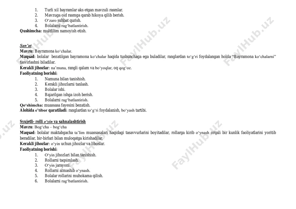 oni qushlar va avtomobil qushlar dо‘koni tasvirlangan rasm, qurilish materiallari tо‘plami, legolar tо‘plami, qushlar maketi, qushlar uchun niqob, avtomobil ruli til va nutq qushlarni qanday parvarish qilamiz? “qushlar” mavzusida she’r yod olish qafasda qush, donxо‘rak, qushlar uchun maxsus donlar va rasmlari, akt va rasmlar fan va tabiat qaysi qush nima bilan oziqlanadi. qafasdagi tо‘tiqush, quyon, toshbaqa, baliq, chumoli, tipratikan va ularning ozuqalari. san’at qushcha (rasm) qushcha uchun uycha (applikatsiya) oq qog‘oz, rangli qalam va bо‘yoqlar, mо‘yqalam, suv, rangli qog‘ozlardan kesilgan qushcha uychasi, yelim. umumiy guruh bо‘lib ishlash nutq о‘stirish “qushlar olami” mavzusida suhbat tangram mashg‘ulot ishlanmasi, kerakli jihozlar. iyun. ikkinchi hafta qushlar bizning dо‘stimiz qurish- yasash va matematika mavzu: qushlar uchun donxо‘rak maqsad: bolalar qushlar uchun donxо‘rak yasashni о‘rganadilar, qushlarga nisbatan g‘amxо‘r munosabatda bо‘ladilar, reja bо‘yicha ishlashga о‘rganadilar. kerakli jihozlar: legolar, namuna, qush mulyajlari. faoliyatning borishi: 1. namunani kо‘rib chiqish. 2. ijodiy ish. 3. tayyor donxо‘rakka qushni joylashtirish. 4. donxо‘rakka …