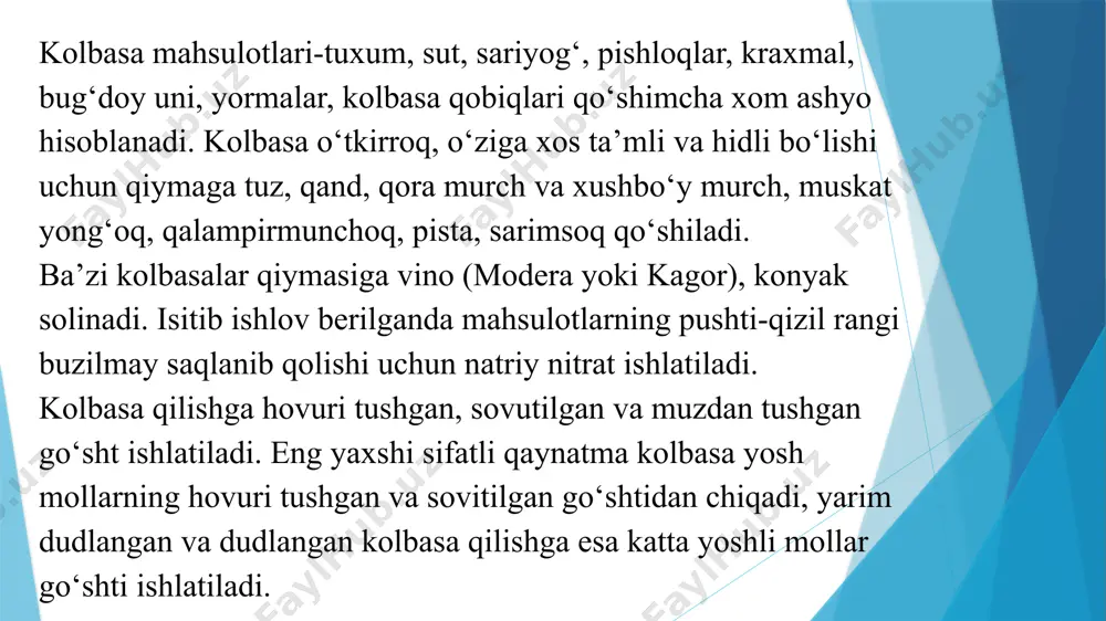 soyali izolyat) keng ishlatiladi kolbasa qobiqlari kolbasalarga muayyan shakl berib turadi, ularni kirlanishdan, miuroorganizmlar ta’siridan, namligini yo‘qotishdan asraydi. qobiqlar tabiiy va sun’iy bo‘ladi. tabiiy qobiqlarga qoramolning, qo‘yning va cho‘chqaning maxsus tarzda ishlov berilgan ichaklari, qovurg‘alari va qizilo‘ngachlari kiradi. sun’iy qobiqlar bir necha xil bo‘ladi - viskoz qorbiqlar, belkozin (oqsilli), sellofan, pergament qobiqlar va polietilen materiallardan qilingan qobiqlar. ichidagi qiymasini zichlashtirish va termik ishlov berayotganda hamda saqlayotganda osib turishni osonlashtirish maqsadida kolbasa donalarini kanop bilan bo‘g‘ib bog‘lanadi. dudlangan kolbasalar. dudlangan kolbasalar boshqa kolbasalarga qaraganda qiyishqoq konsistensiyali, sho‘rroq, o‘tkir ta’mli va xugbo‘y hidli bo‘ladi. bunday kolbasalar tarkibida yog‘ (25-60%), oqsil moddalar (21-22%) ko‘p bo‘lgani uchun, ularning to‘yimliligi yuqori bo‘ladi. dudlangan kolbasalar tarkibida namlik kam (25-38%) bo‘lib, uning uchun uzoq vaqt yaxshi saqlanadi. tayyorlash usuliga binoan dudlangan kolbasalar ikki turga bo‘linadi: xom dudlangan (qotirib dudlangan yoki qishki) kolbasalar va dudlab pishirilgan (yozgi) kolbasalar. xom dudlangan kolbasalar. bularni mol go‘shtining oliy va 1-navlaridan, cho‘chqa …