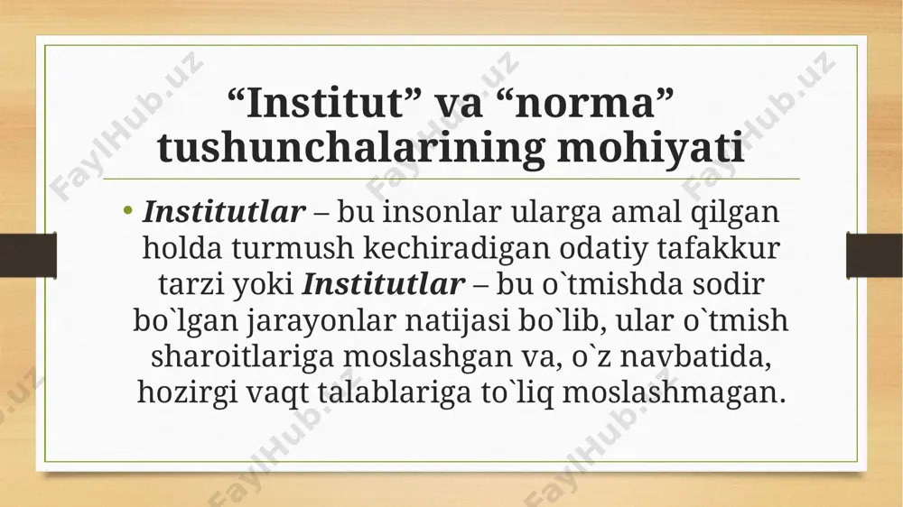 ste'mol qilish tufayli qo‘lga kiritadigan hurmatga erishishni ko‘zlaydi. kelishuvlar xili xatti-harakatnung asosiy normasi kelishuv predmeti axborot manbai vaqt (hozir, o‘tmish va kelajak) faoliyat sohasi (misol) bozor sanoatga xos boshqa shaxslar ehtiyojlarini qondirish orqali foydalilikni oshirish tovar va pul narx hozirgi vaqtni nazarda tutish klassik bozor industrial ishlab chiqarish uzluksizligi, hamkorlikni texnologiya talablariga bo‘ysundirish orqali ta’minlaydi texnologik jihozlar standartlar bitimlar kelgusini hozirgi davrga aks ettirish harbiy sanoat majmui bozor ishtirokchilarining o‘zaro kelishuvlar bo‘yicha xatti- harakatlari normasi an’anaviy an’analarning takrorlanishini ta’minlaydi; kattalik tamoyili o‘tmishga xos bo‘lgan buyumlar odatlar, an’analar bitimlar o‘tgan davrni aks ettirish hisoblanadi oila fuqarolik jamoaviy manfaatlarga bo‘ysunish, mo‘ljal - pareto optimum ijtimoiy boylik qonun hozirgi davrni nazarda tutish siyosiy hayot ijtimoiy fikr mashhurlikka erishish, jamoat eʼtiborini jalb etish nufuzli buyumlar duv- duvlar hozirgi davrni nazarda tutish ommaviy axborot vositalari ekologik tabiat bilan uygʼunlashuv, ekologiya talablariga bo‘ysundirish tabiat obyektlari atrof- muhit haqidagi axborot vaqtning davriyligi: tabiiy davriylik tabiyat muhofazasi rasmiy …