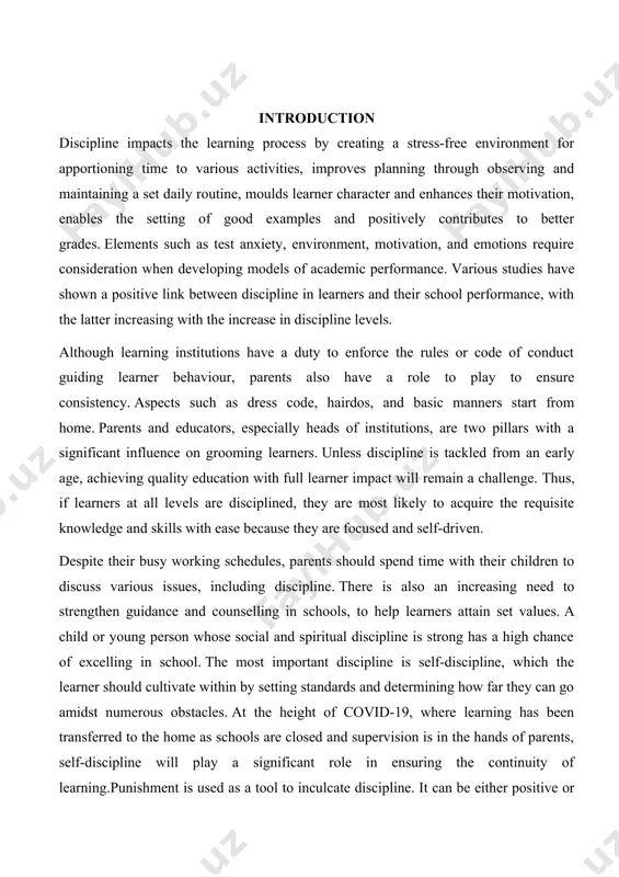 p learners attain set values. a child or young person whose social and spiritual discipline is strong has a high chance of excelling in school. the most important discipline is self-discipline, which the learner should cultivate within by setting standards and determining how far they can go amidst numerous obstacles. at the height of covid-19, where learning has been transferred to the home as schools are closed and supervision is in the hands of parents, self-discipline will play a significant role in ensuring the continuity of learning.punishment is used as a tool to inculcate discipline. it can be either positive or negative. physical or corporal punishment includes caning, physical labour such as watering school gardens or cutting grass, kneeling or walking on knees, or doing push-ups. as part of enforcing the conventions on children’s rights, several countries have abolished corporal punishment in schools, although the illegal practice is still common …