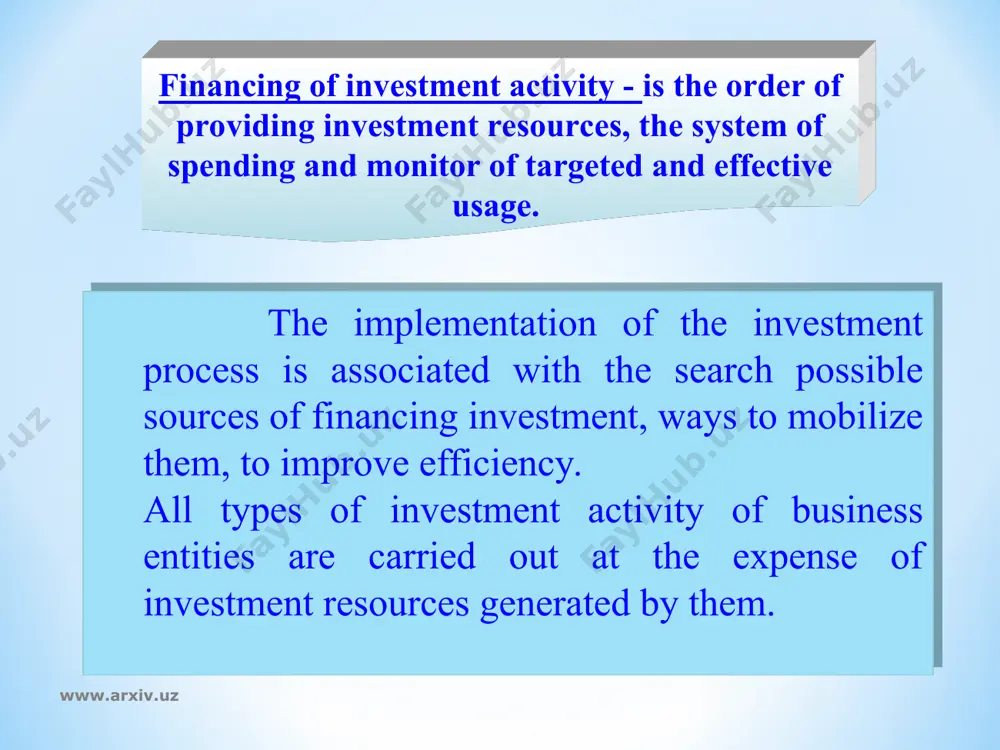 process for implementation project works, construction, acquisitions of the separate capital assets, creation of working capital. 6. formation of investment resources is defined by objectives and directions of investment policy of the enterprise. 7. the rational structure of sources investment resources is the most important condition of financial stability of enterprise. 8. volumes and sources of formation of investment resources are defined by the cost of their attraction (capital cost). www.arxiv.uz www.arxiv.uz financing of investments represents process of accumulation and effective spending money for acquisition of elements of the fixed and working capital, including new construction, expansion, reconstruction and technical updating of the operating enterprises, acquisition of machines and the equipment, creation of production stocks, etc. on financing investments the following main problems are solved: 2. distribution of investments in time. 1. definition of sources of financing www.arxiv.uz www.arxiv.uz under the term sources of financing of investments are generally understood …